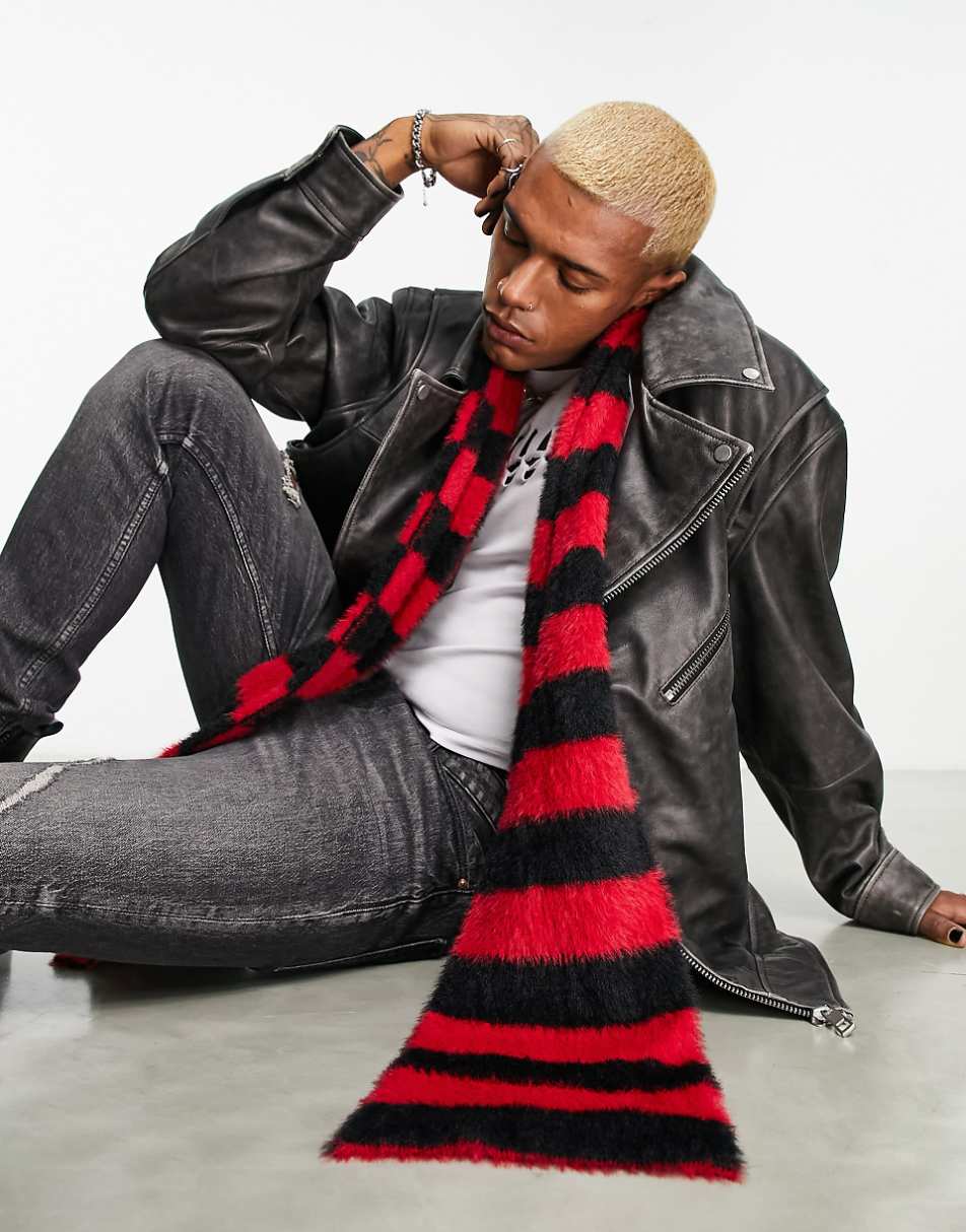 ASOS DESIGN skinny scarf in fluffy red and black stripe