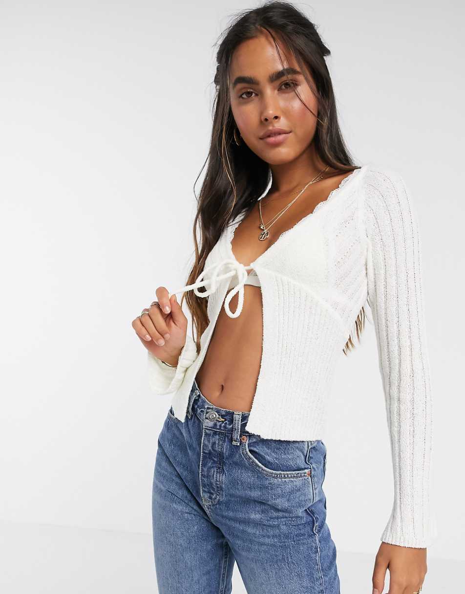 ASOS DESIGN tie front cardigan in natural look yarn