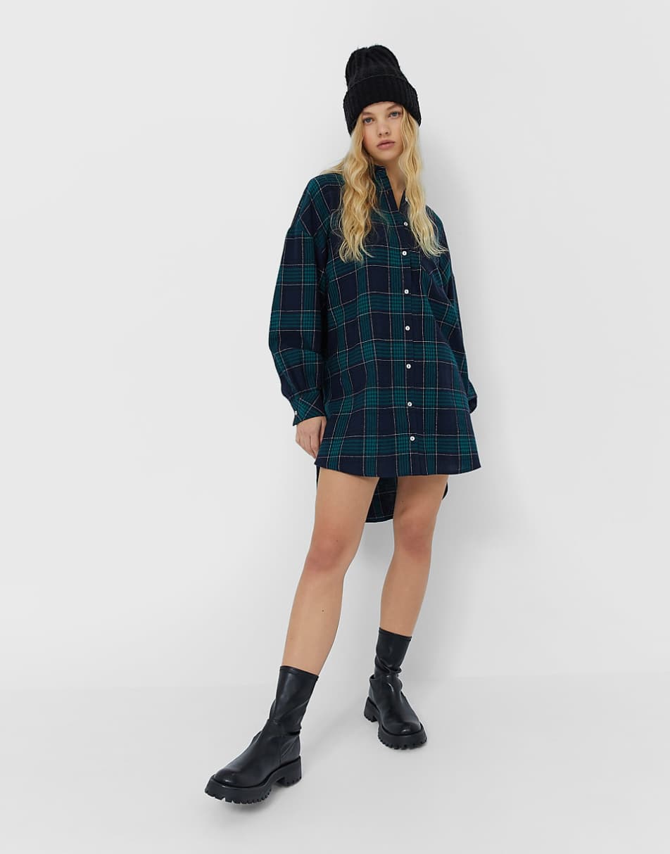 Stradivarius oversized boyfriend shirt dress in navy plaid