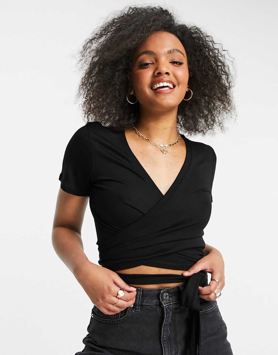 ASOS DESIGN wrap top with short sleeve in black