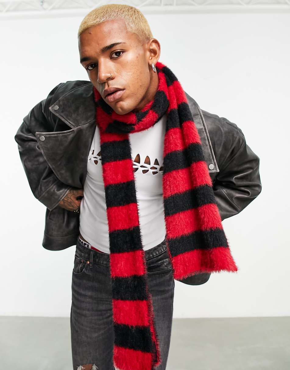 ASOS DESIGN skinny scarf in fluffy red and black stripe