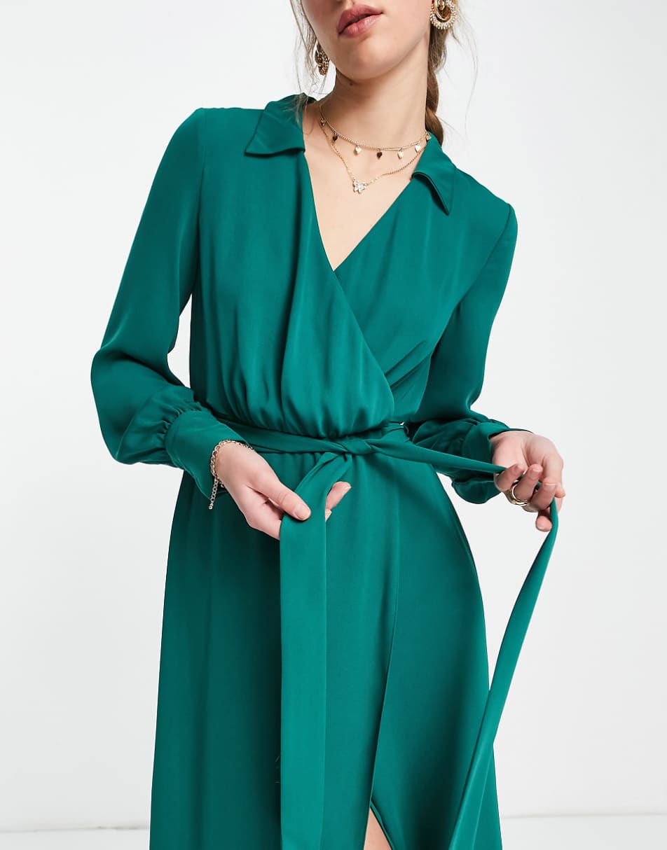 ASOS DESIGN collared wrap midi dress with tie belt in forest green