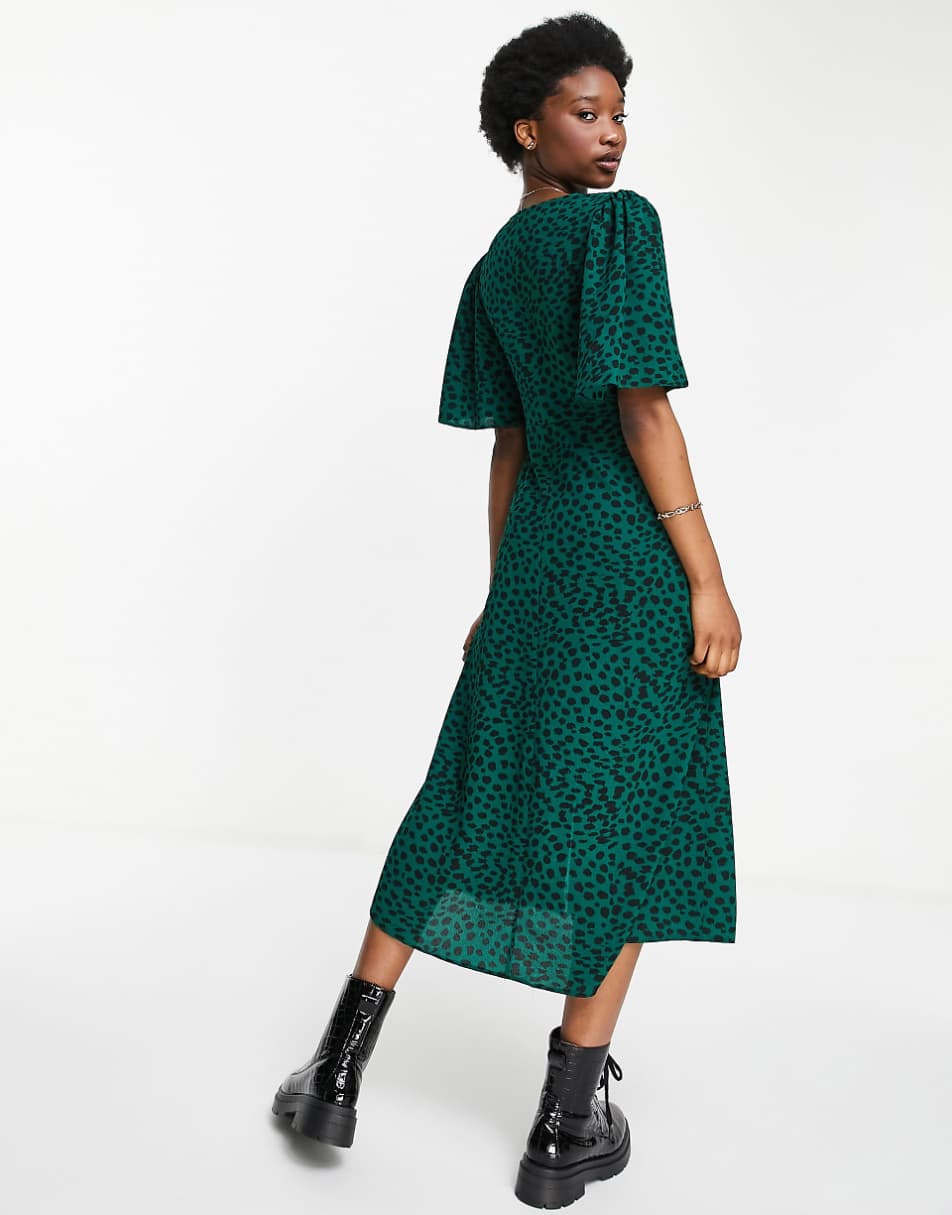 ASOS DESIGN angel sleeve midi dress in green animal print