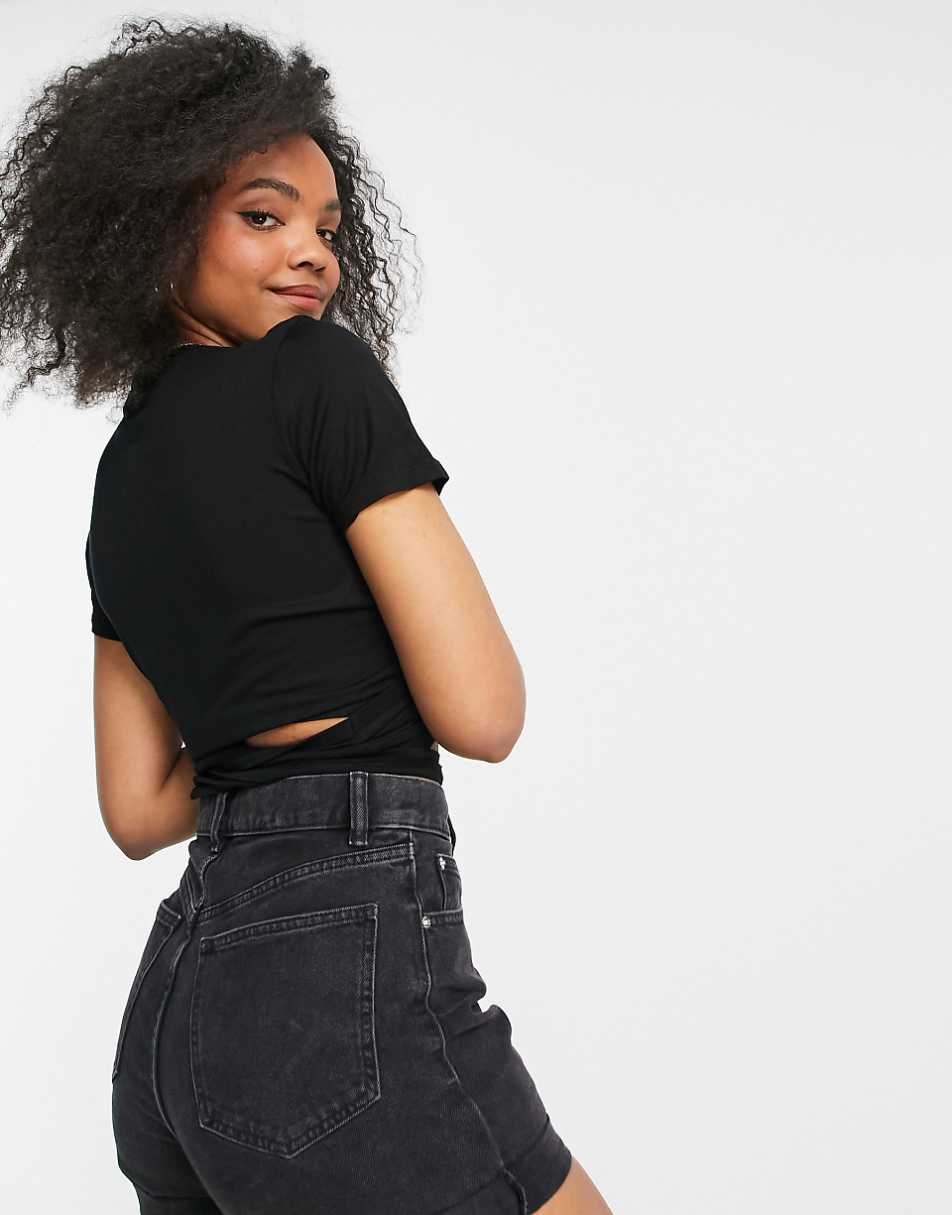 ASOS DESIGN wrap top with short sleeve in black