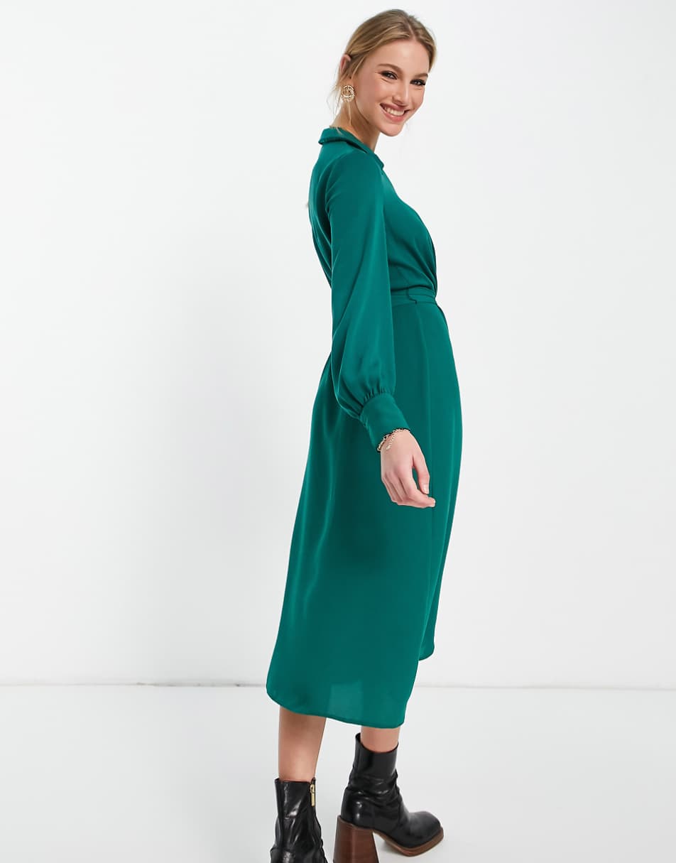 ASOS DESIGN collared wrap midi dress with tie belt in forest green