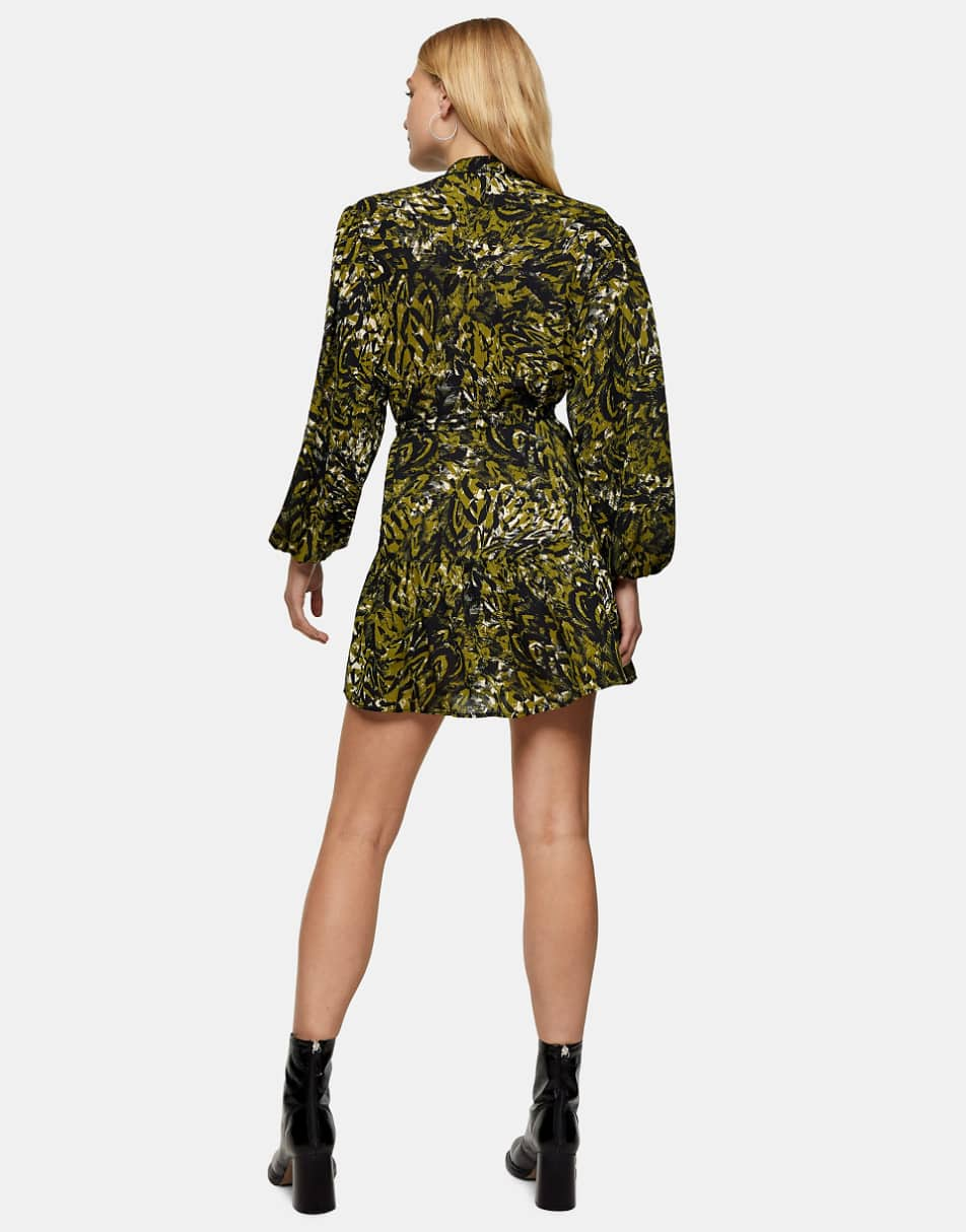 Topshop frill detail mini shirt dress in green leopard print