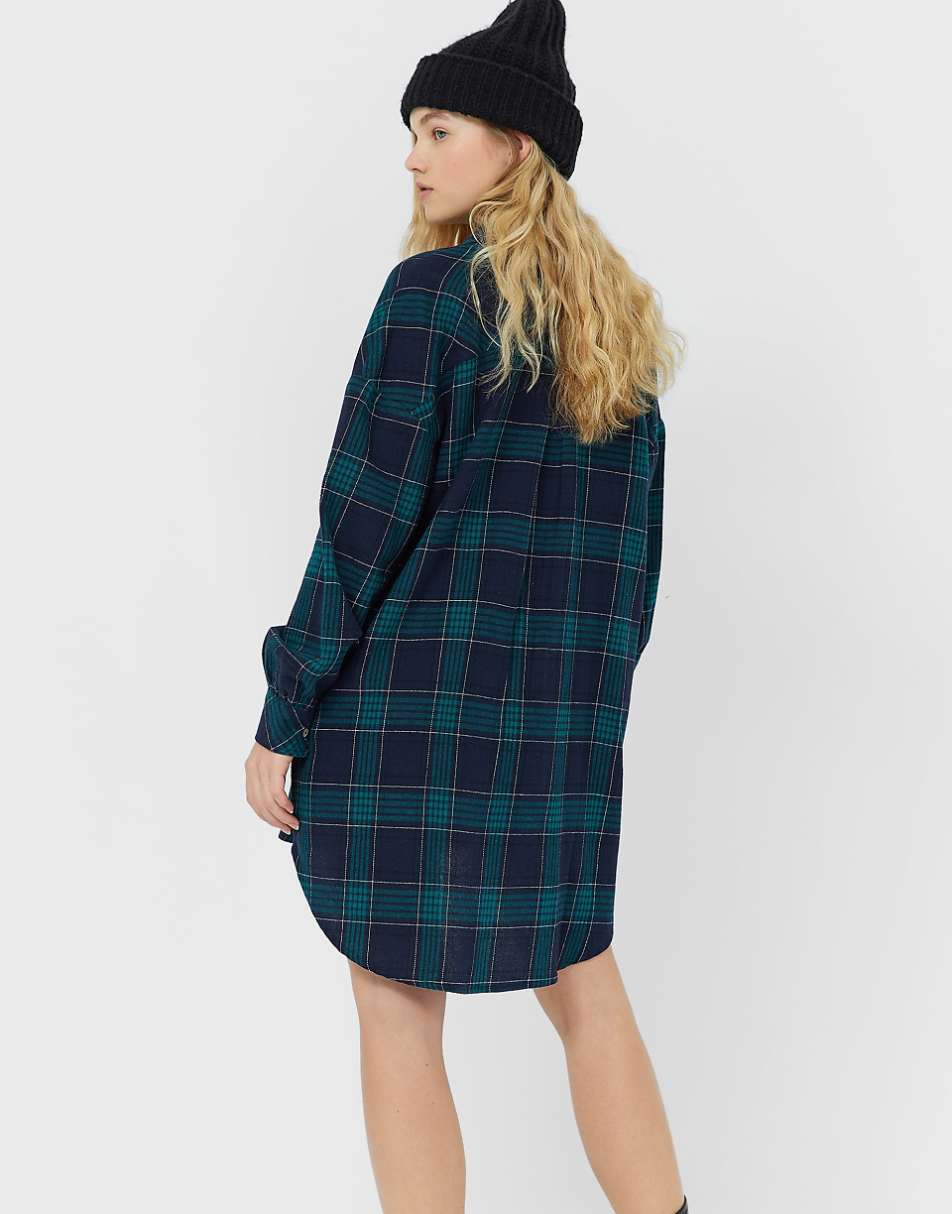 Stradivarius oversized boyfriend shirt dress in navy plaid