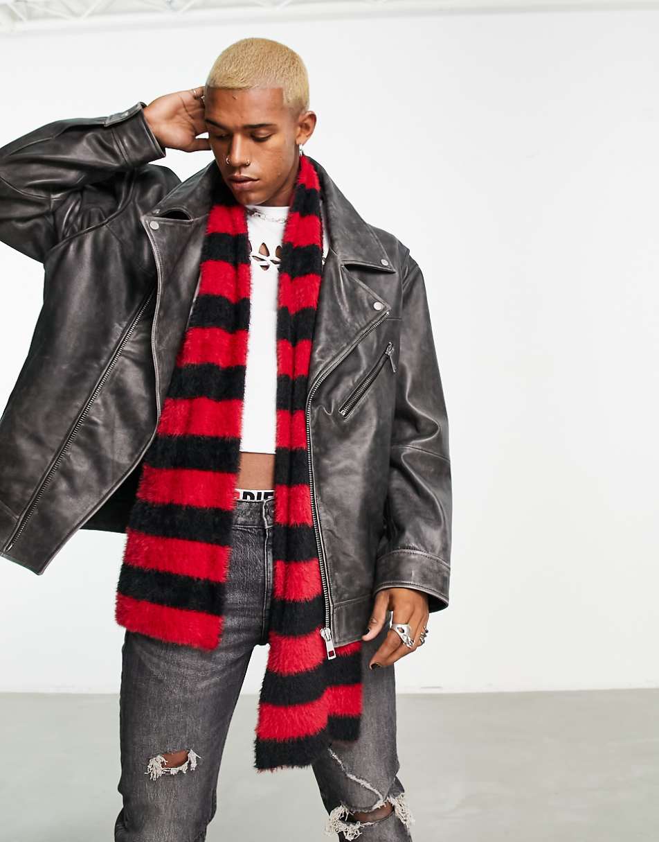 ASOS DESIGN skinny scarf in fluffy red and black stripe