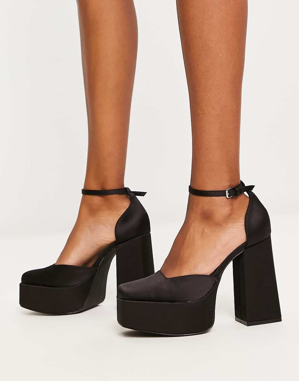 Pull&Bear square front platform heeled sandals in black