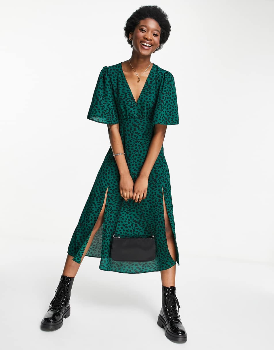 ASOS DESIGN angel sleeve midi dress in green animal print