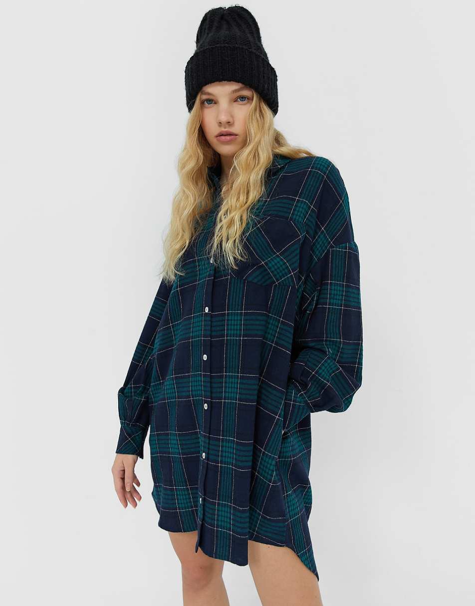 Stradivarius oversized boyfriend shirt dress in navy plaid