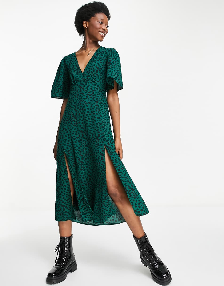 ASOS DESIGN angel sleeve midi dress in green animal print