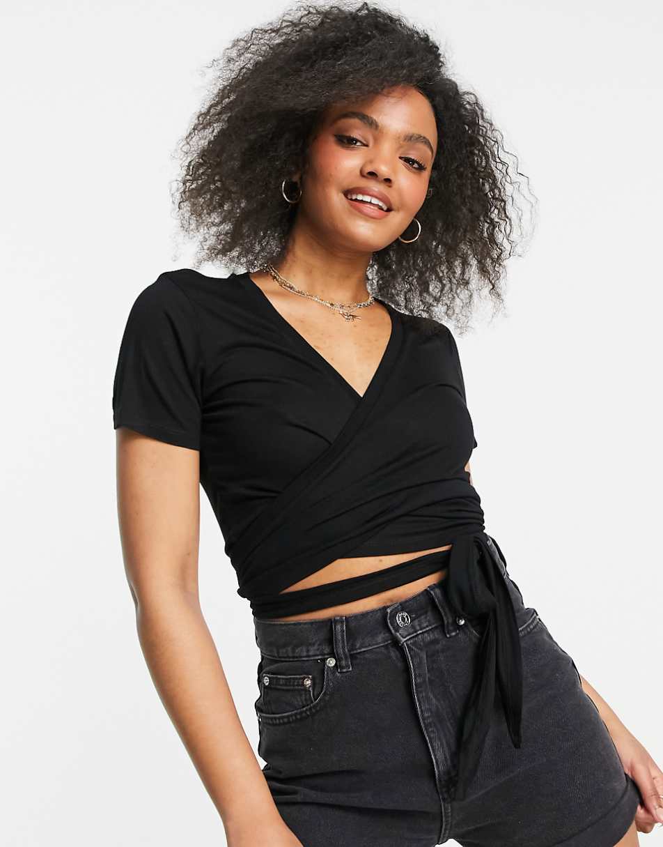 ASOS DESIGN wrap top with short sleeve in black