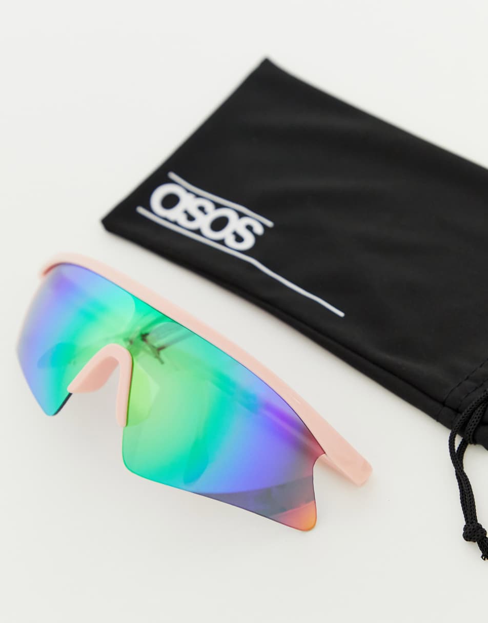 ASOS DESIGN pink wrap half frame visor sunglasses with blue flash lens