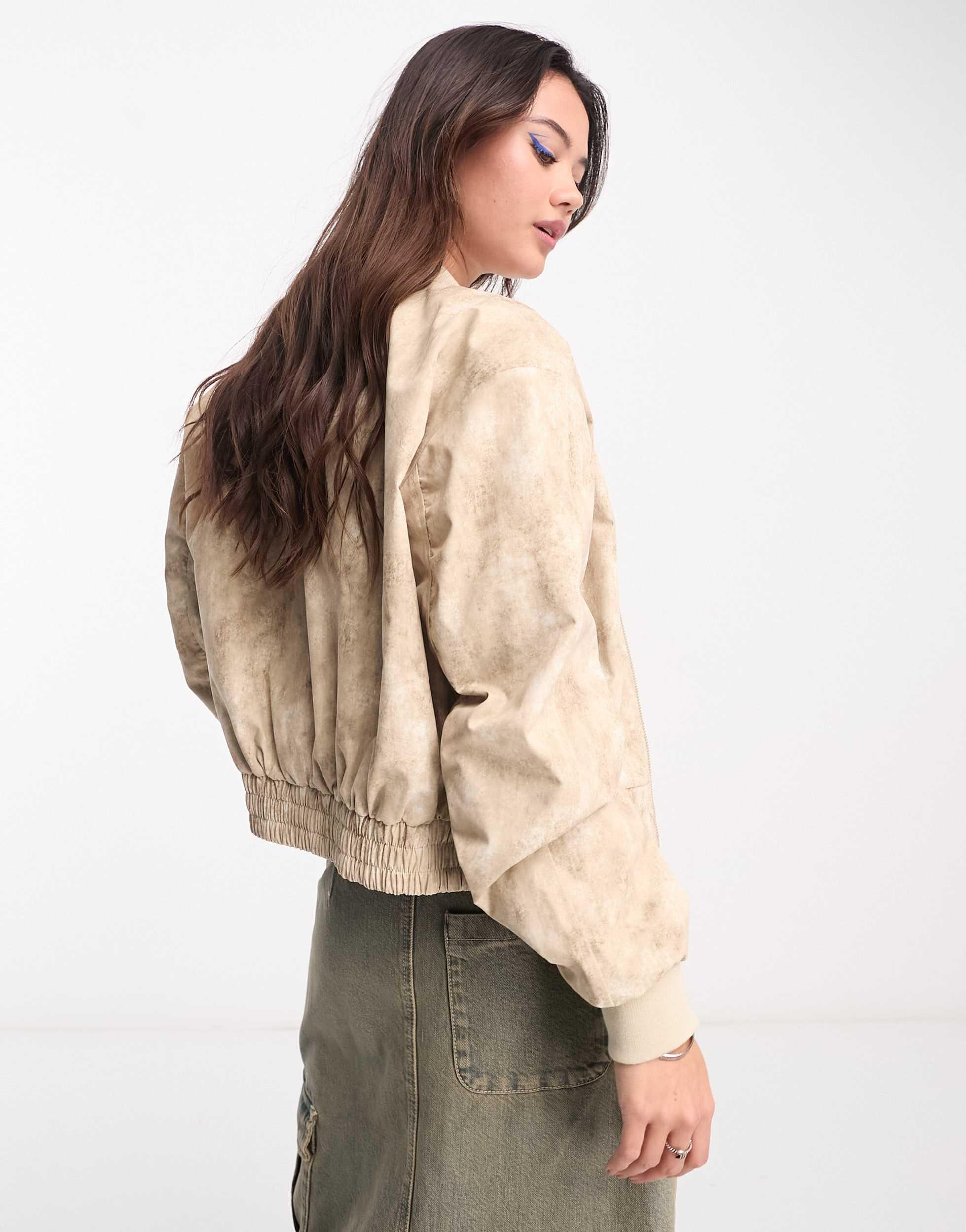 COLLUSION distressed printed bomber jacket in neutral