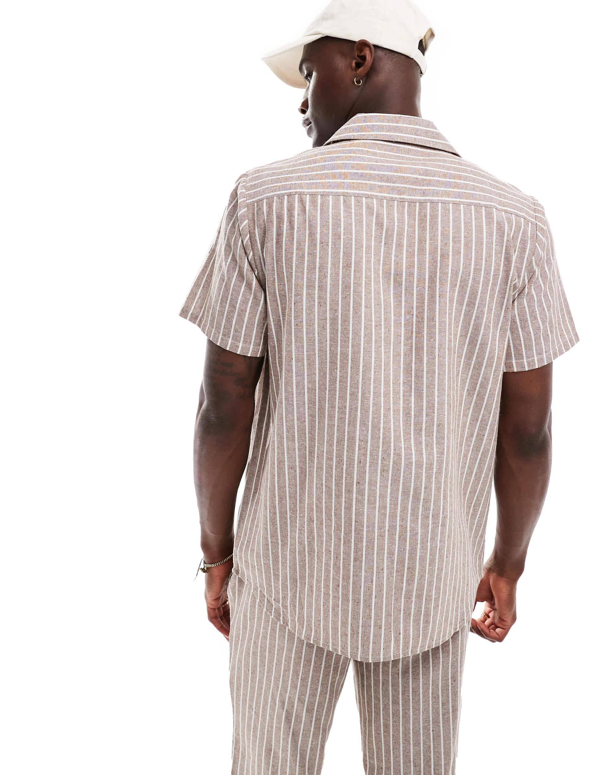 South Beach linen stripe short sleeve beach shirt in brown and white