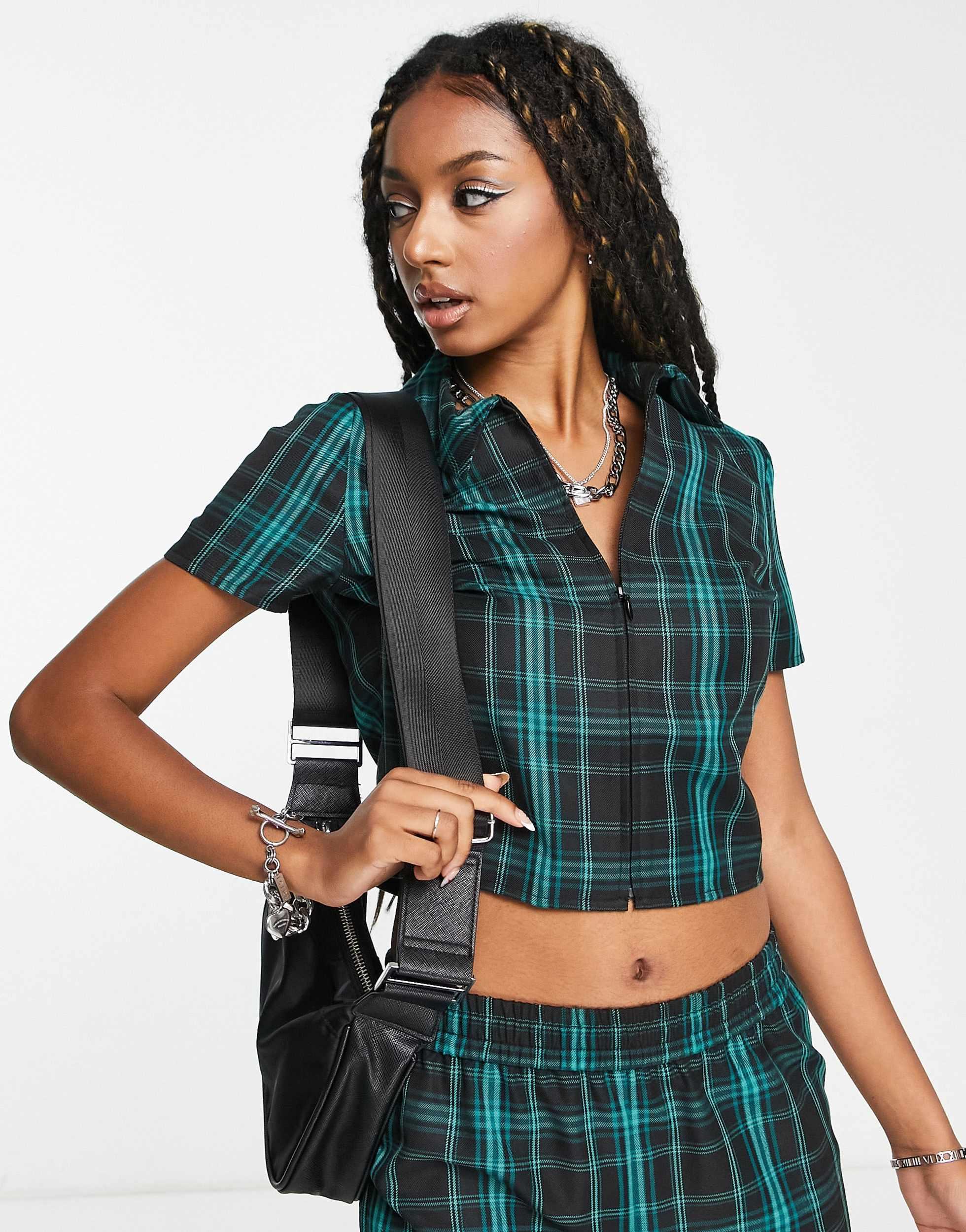 COLLUSION short sleeve check shirt in dark green - part of a set