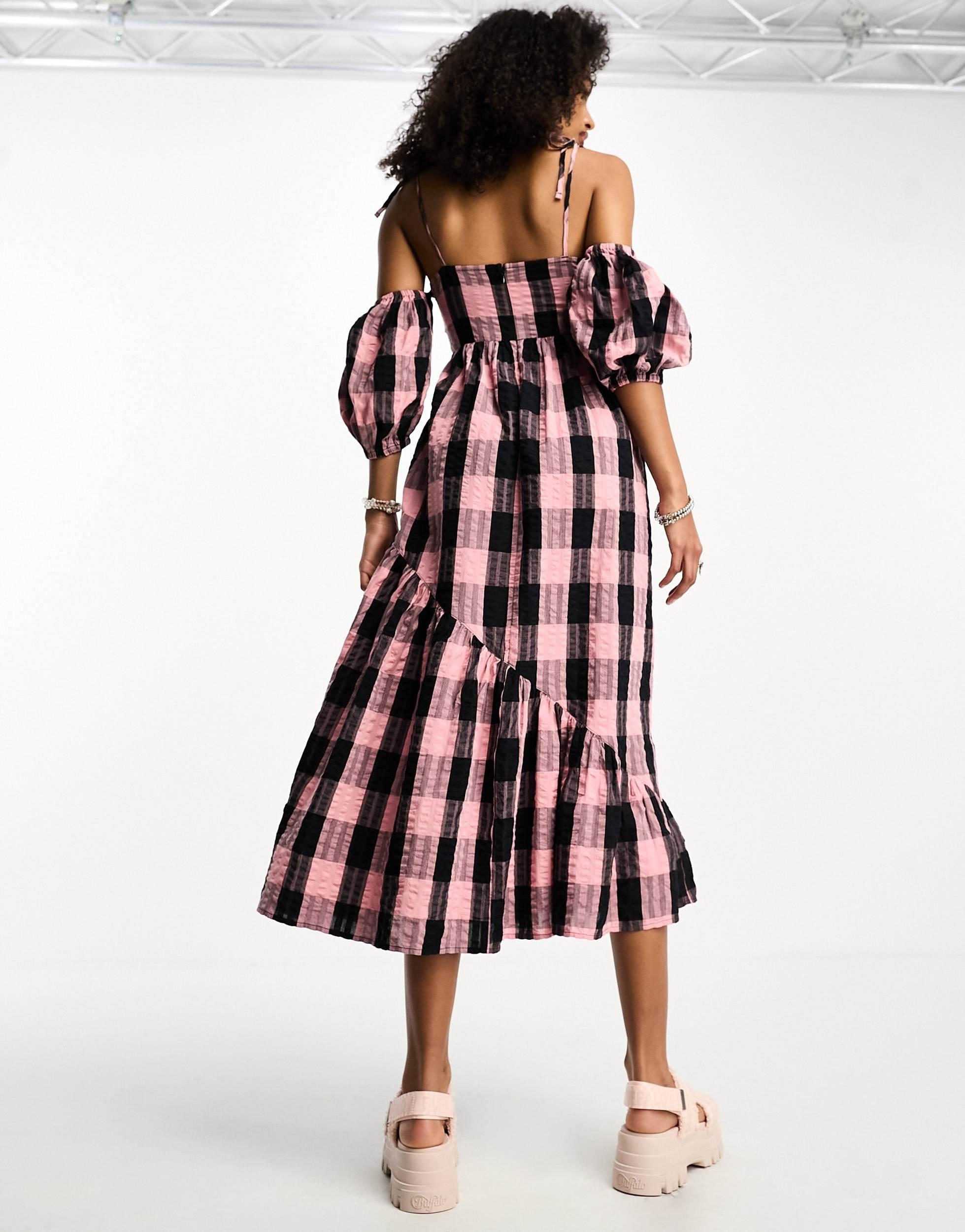 COLLUSION off the shoulder midi dress in pink plaid