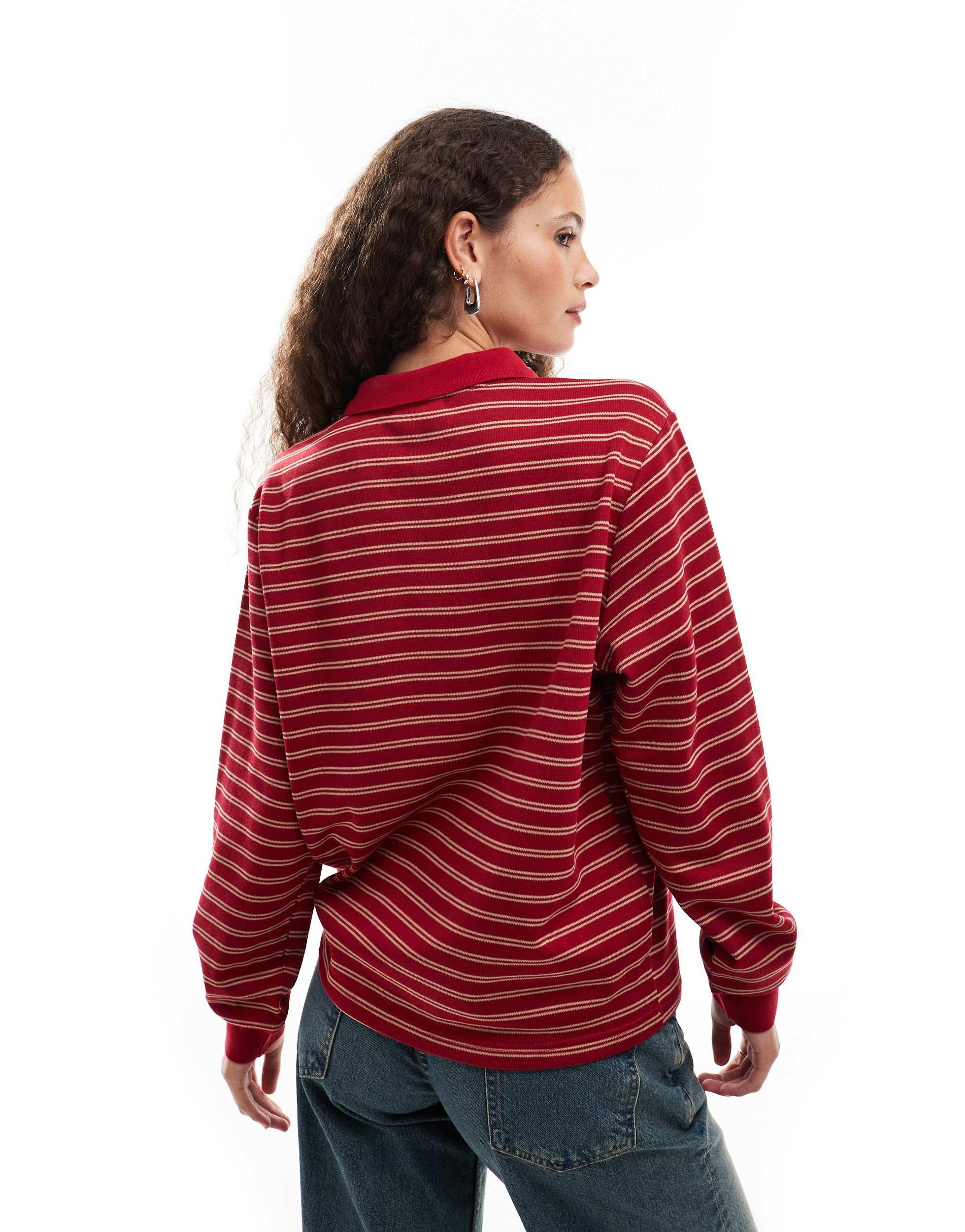 Motel kemillau baggy striped long sleeve rugby top in red and white