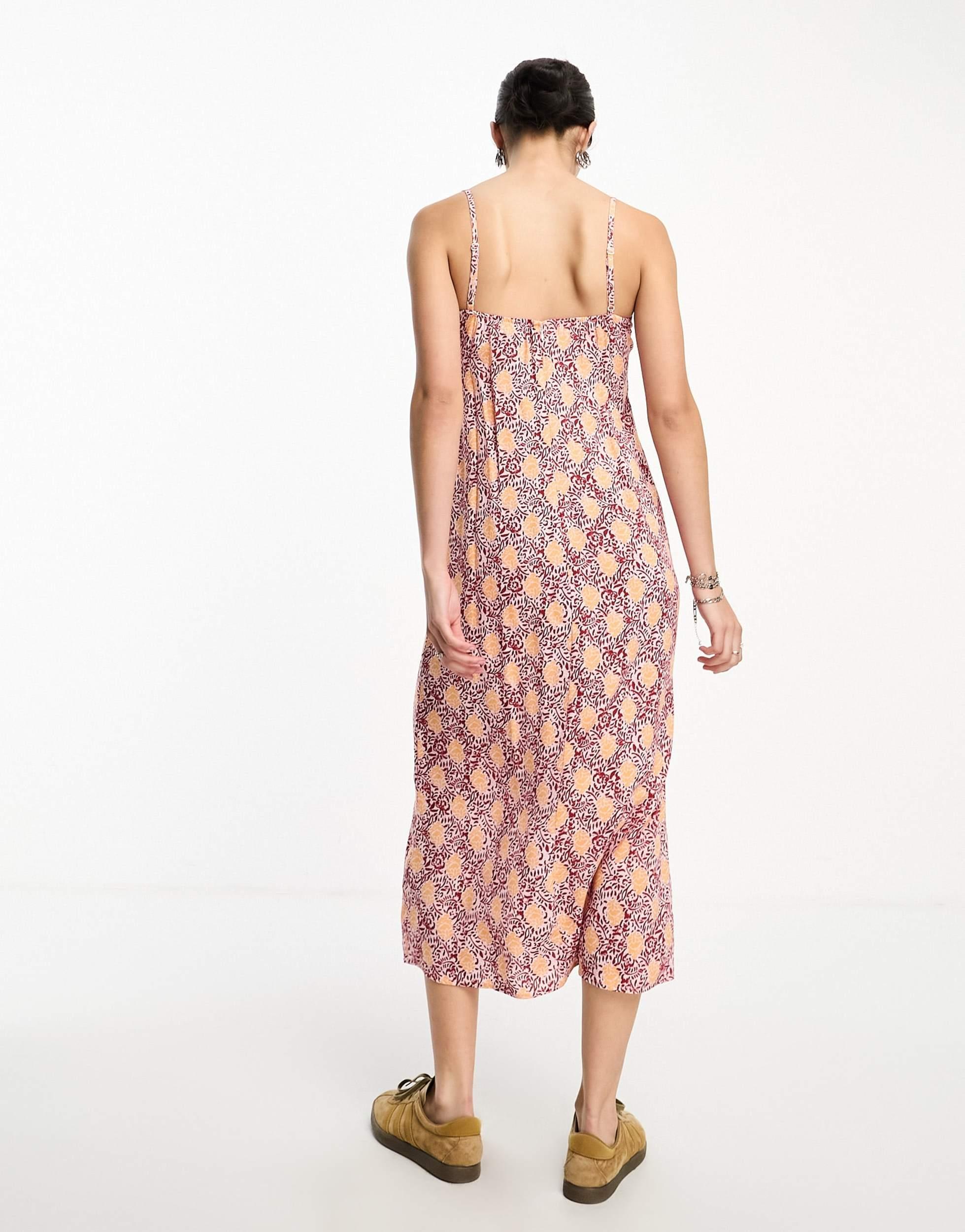 Motel bohemian batik midi slip dress with ribbon bow in maroon peach