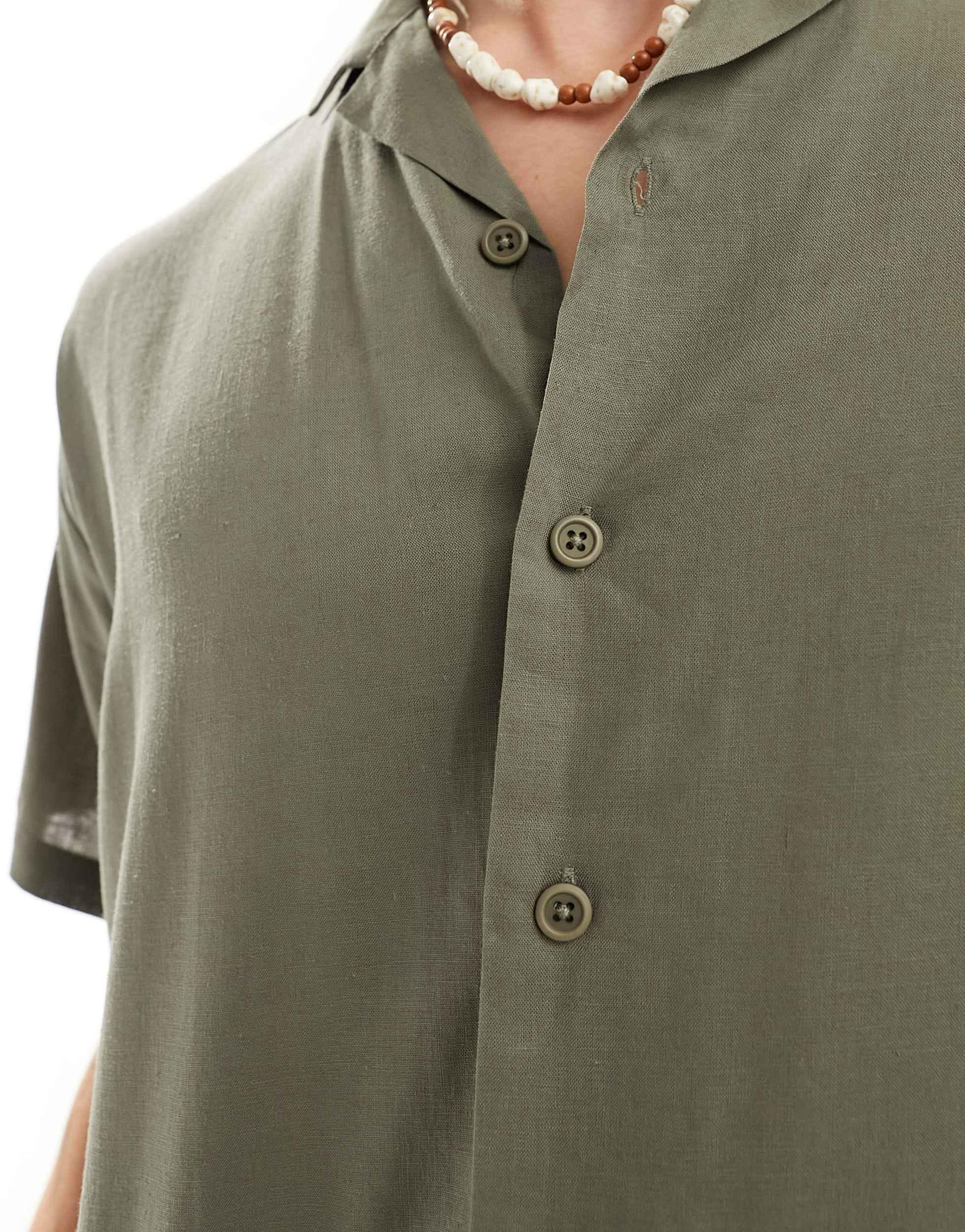 South Beach short sleeve linen blend beach shirt in khaki