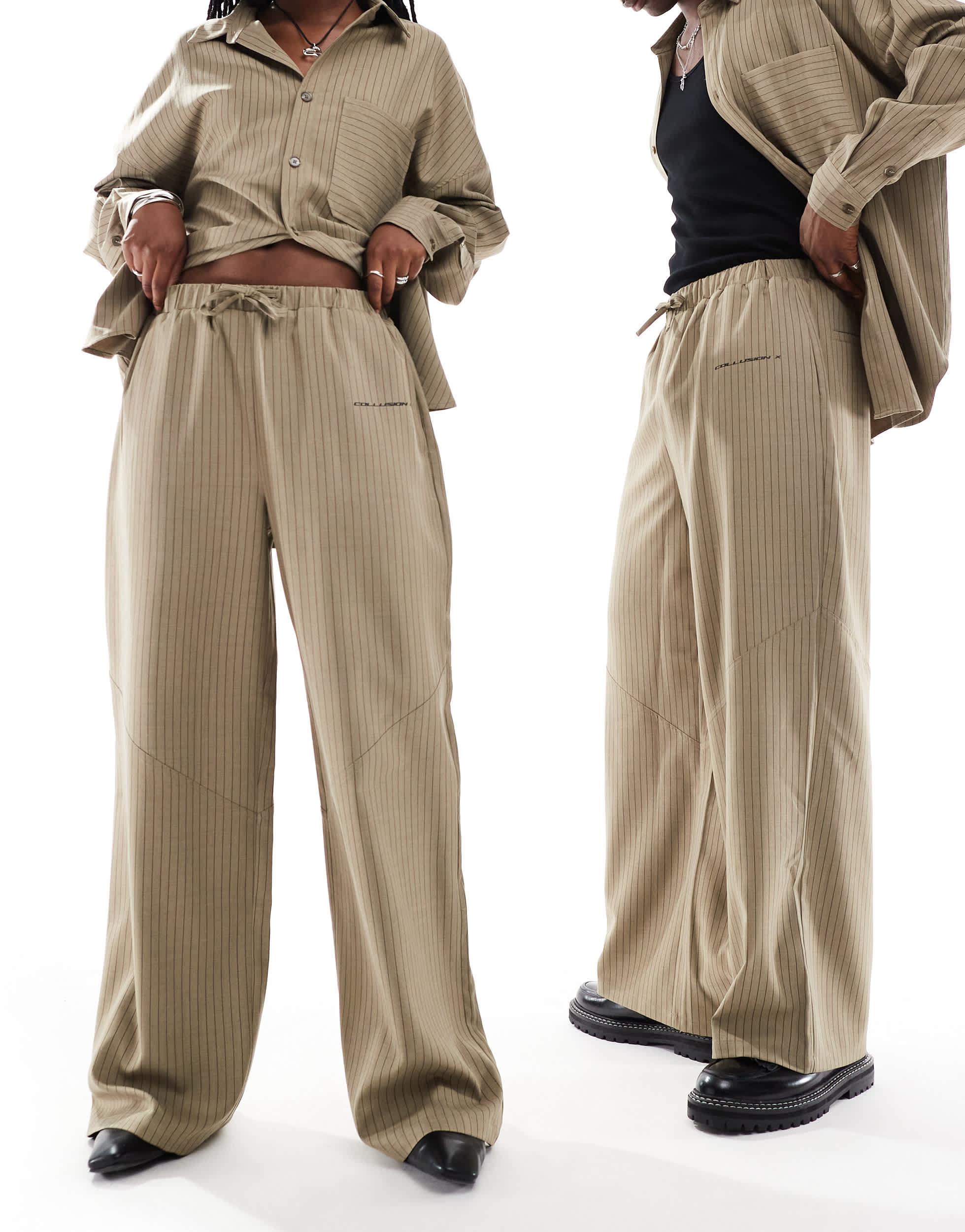 COLLUSION Unisex balloon pants in brown pinstripe with print - part of a set