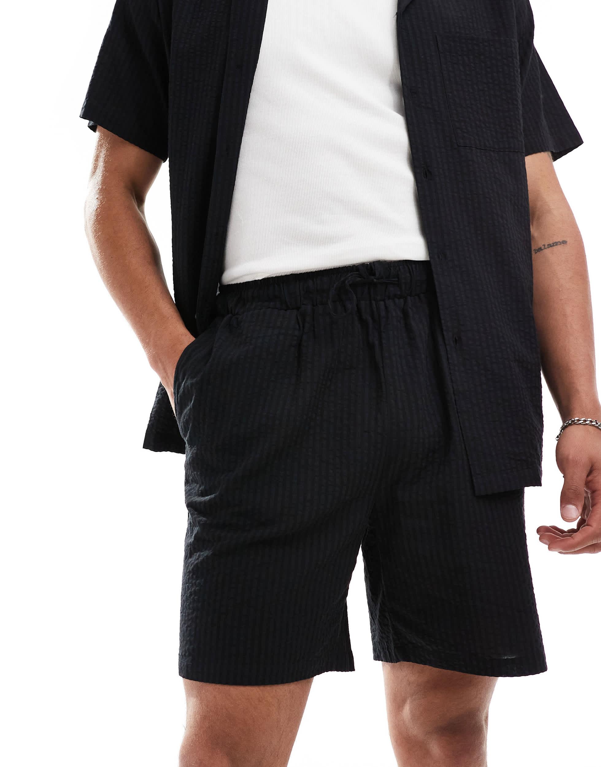 South Beach tonal seersucker stripe beach shorts in black