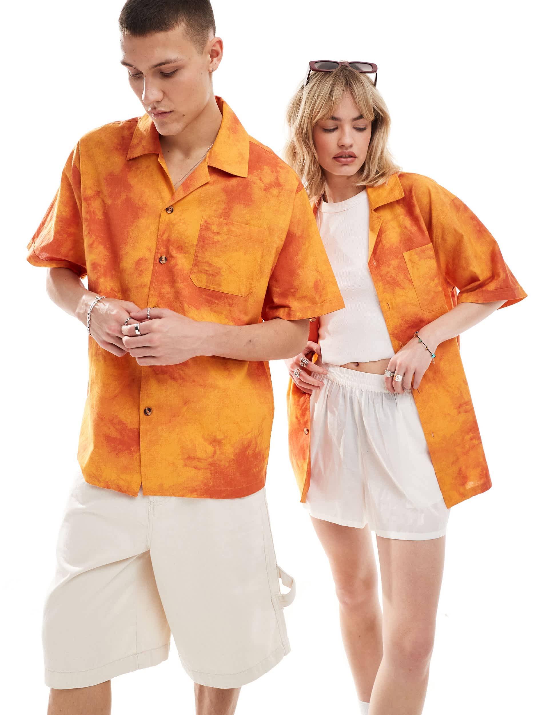 COLLUSION Unisex oversized revere shirt in orange tie dye