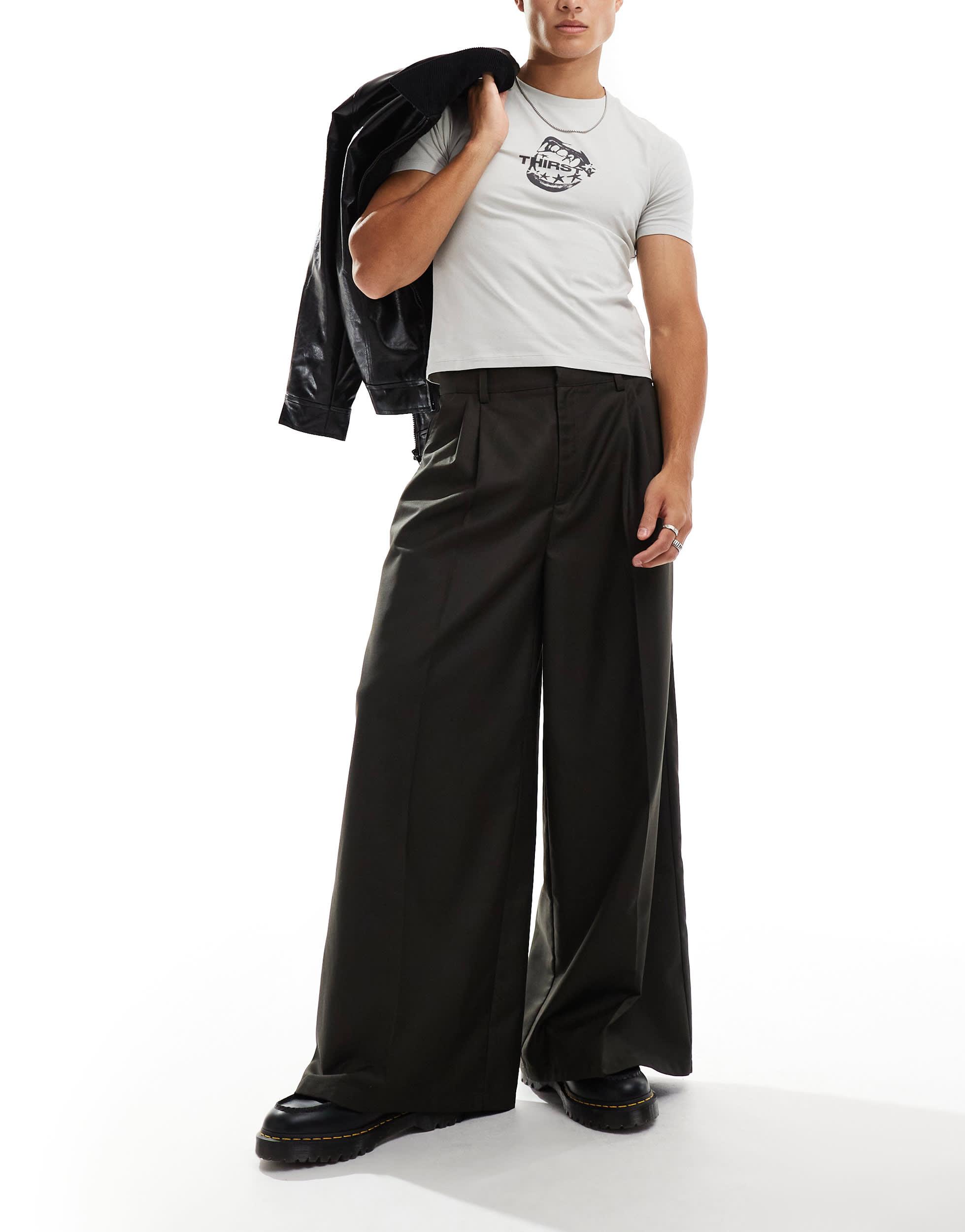 COLLUSION wide leg baggy tailored pants in dark khaki