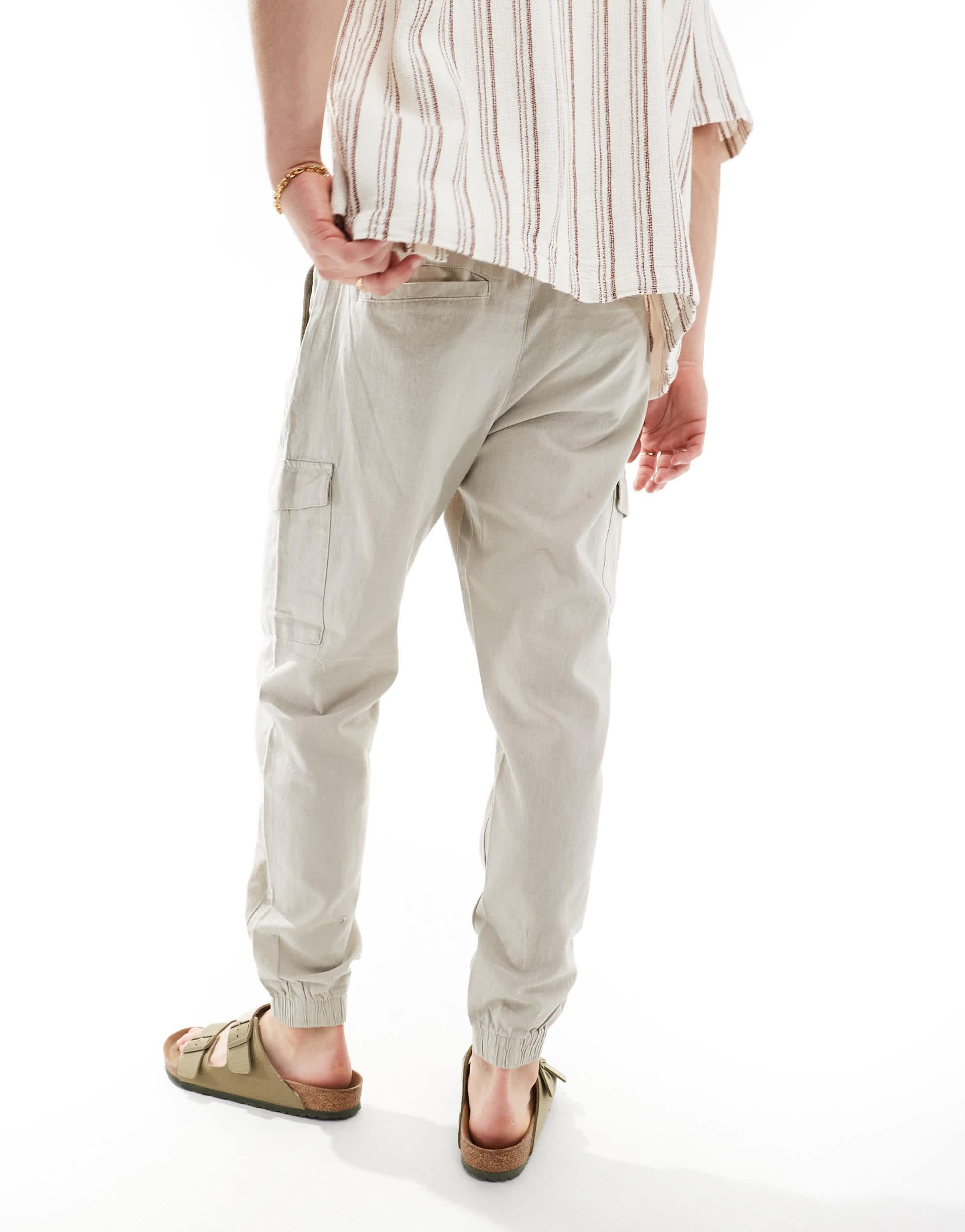 Brave Soul linen look elastic waist cargo pants in light stone