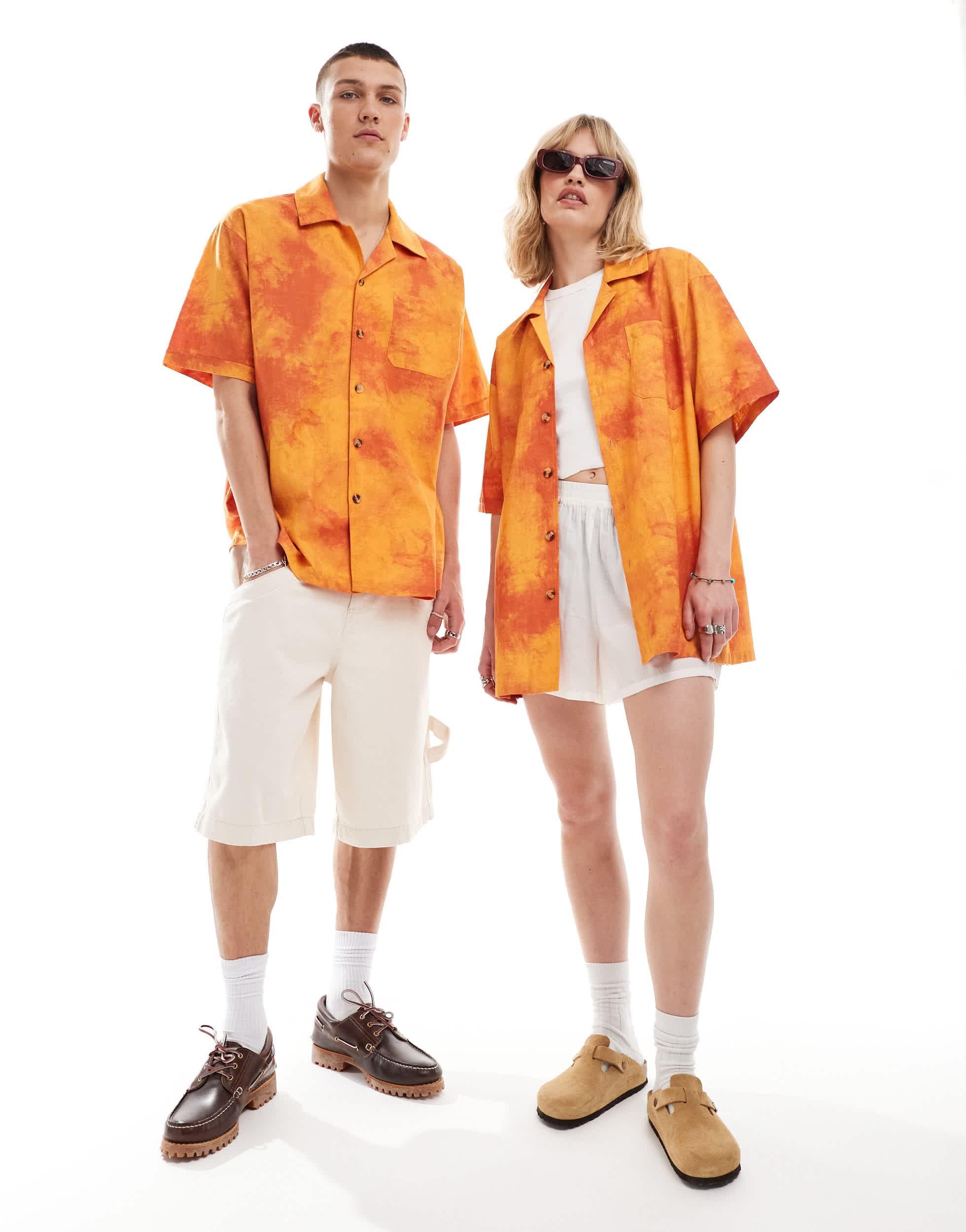 COLLUSION Unisex oversized revere shirt in orange tie dye