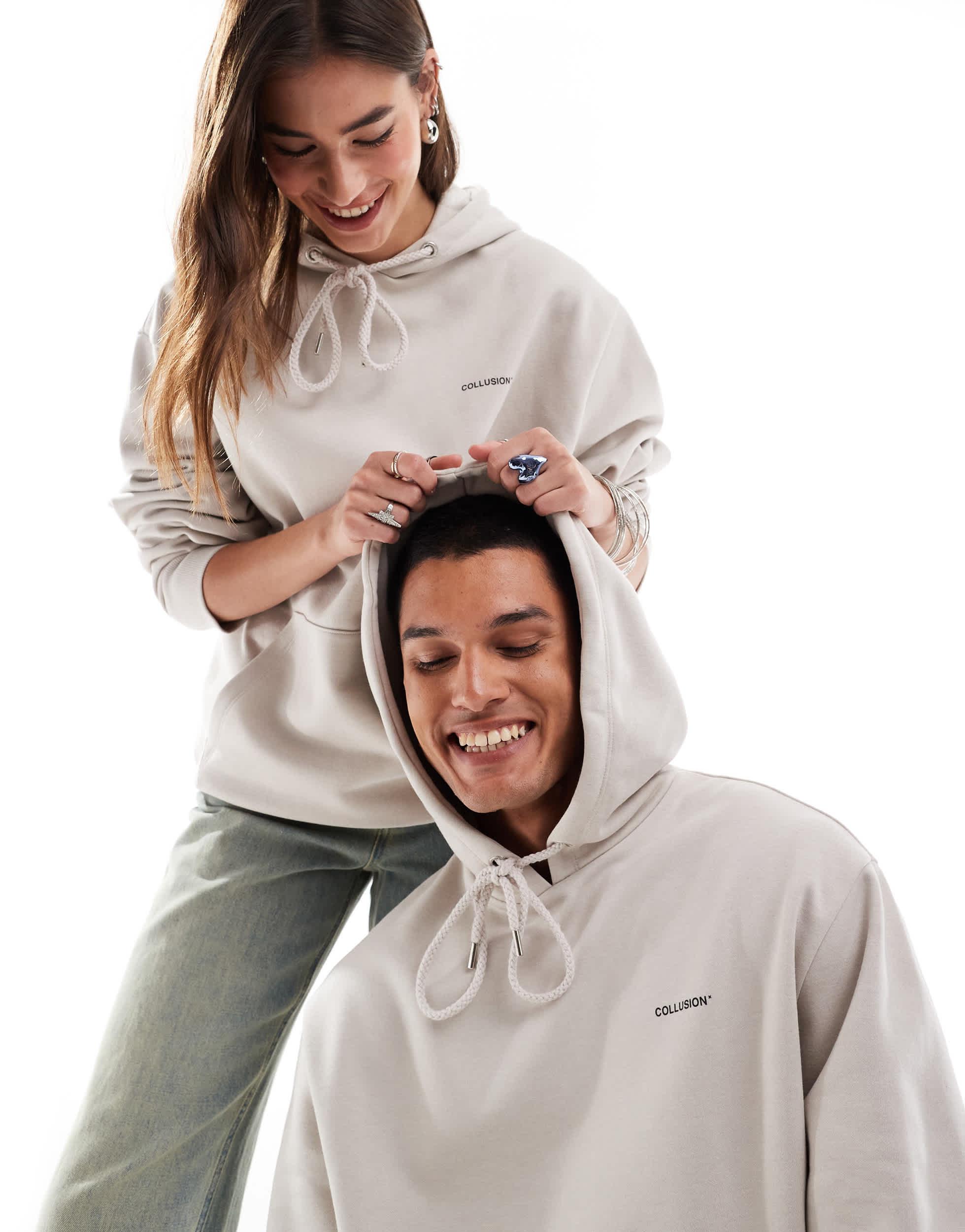 COLLUSION Unisex hoodie with logo print in ecru