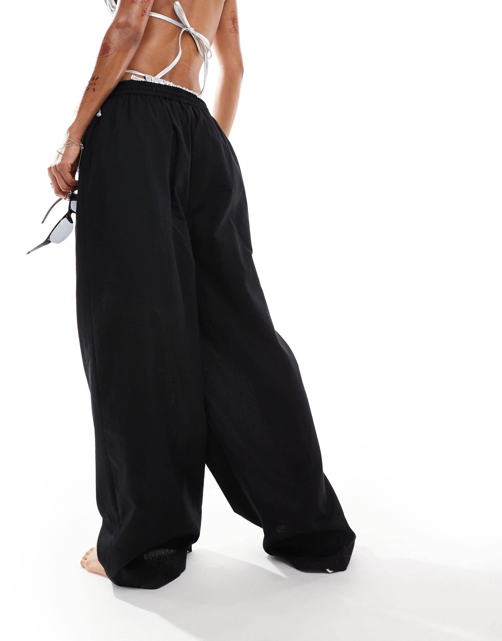 COLLUSION elastic waist linen beach pants in black