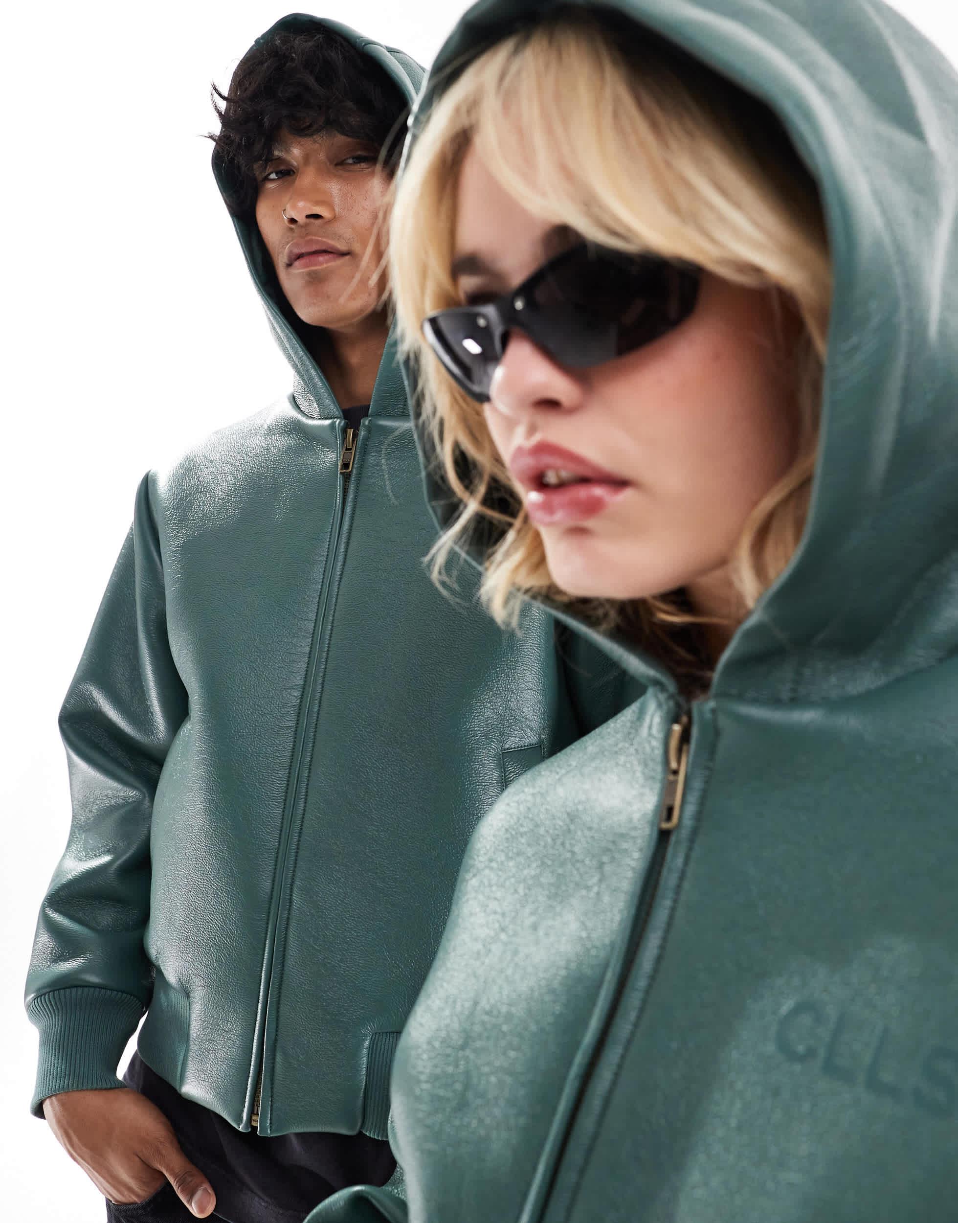 COLLUSION Unisex bonded faux leather hooded bomber jacket in forest green