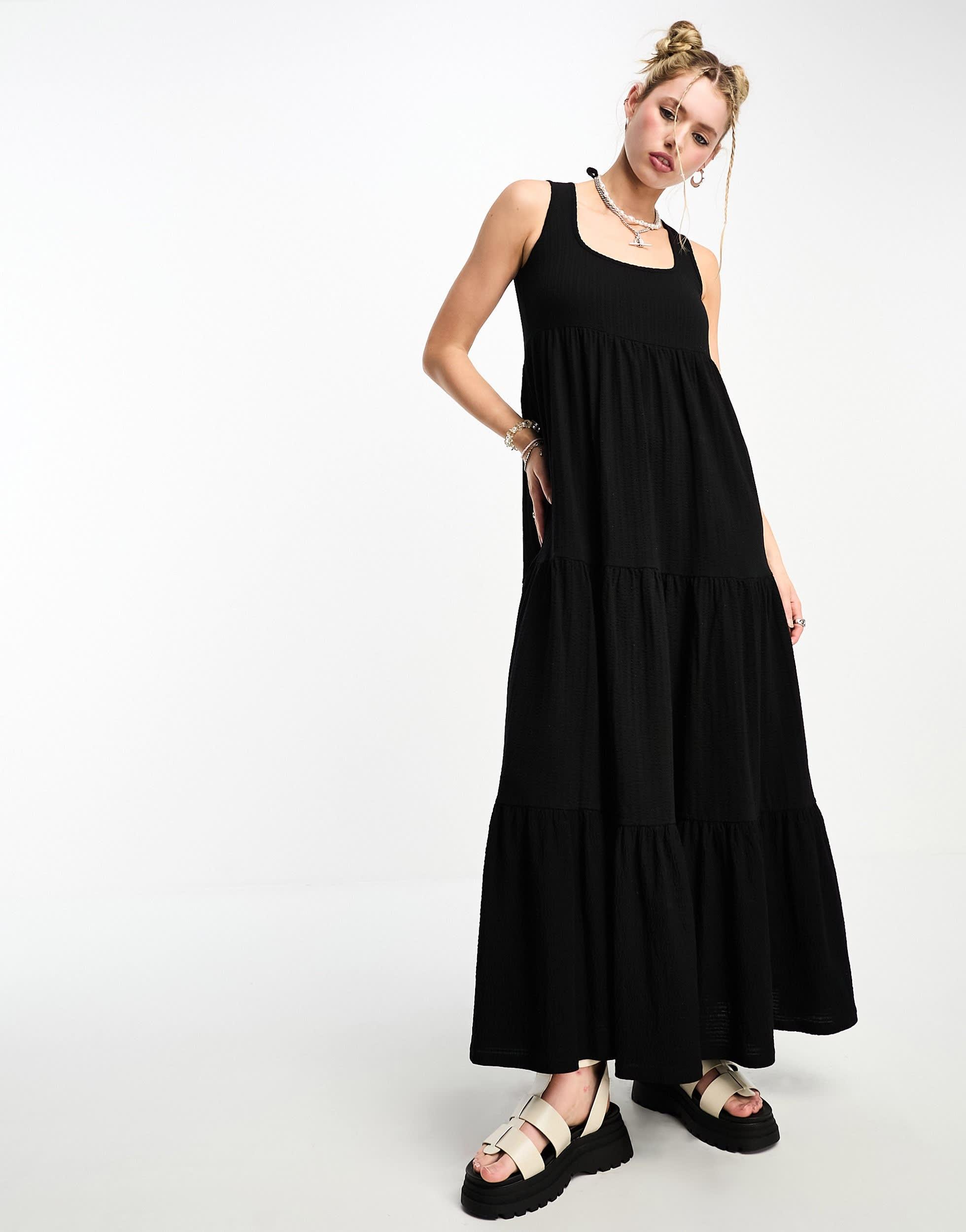 COLLUSION square neck tiered maxi dress in black