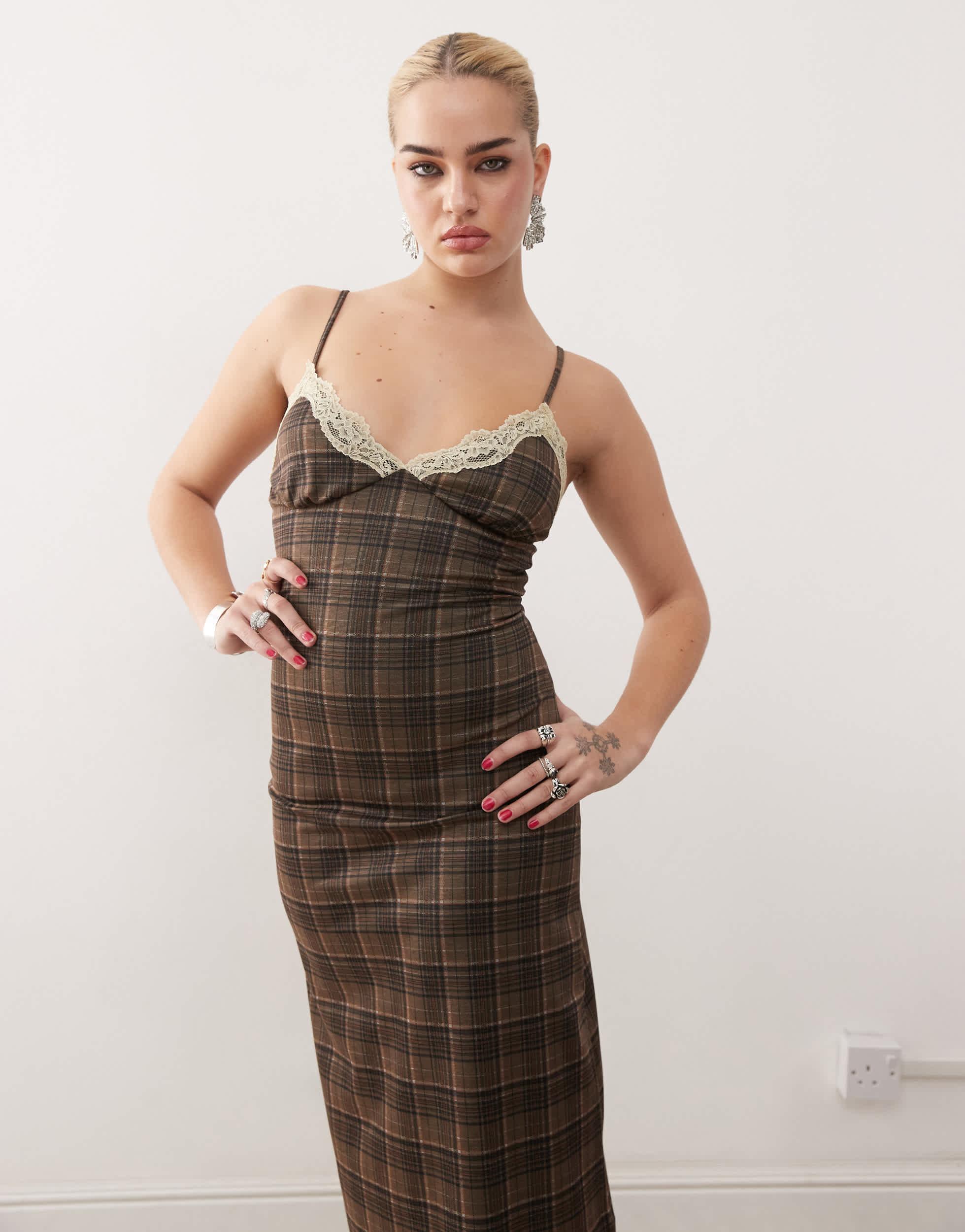 Motel delfina lace edge plaid midaxi dress in brown