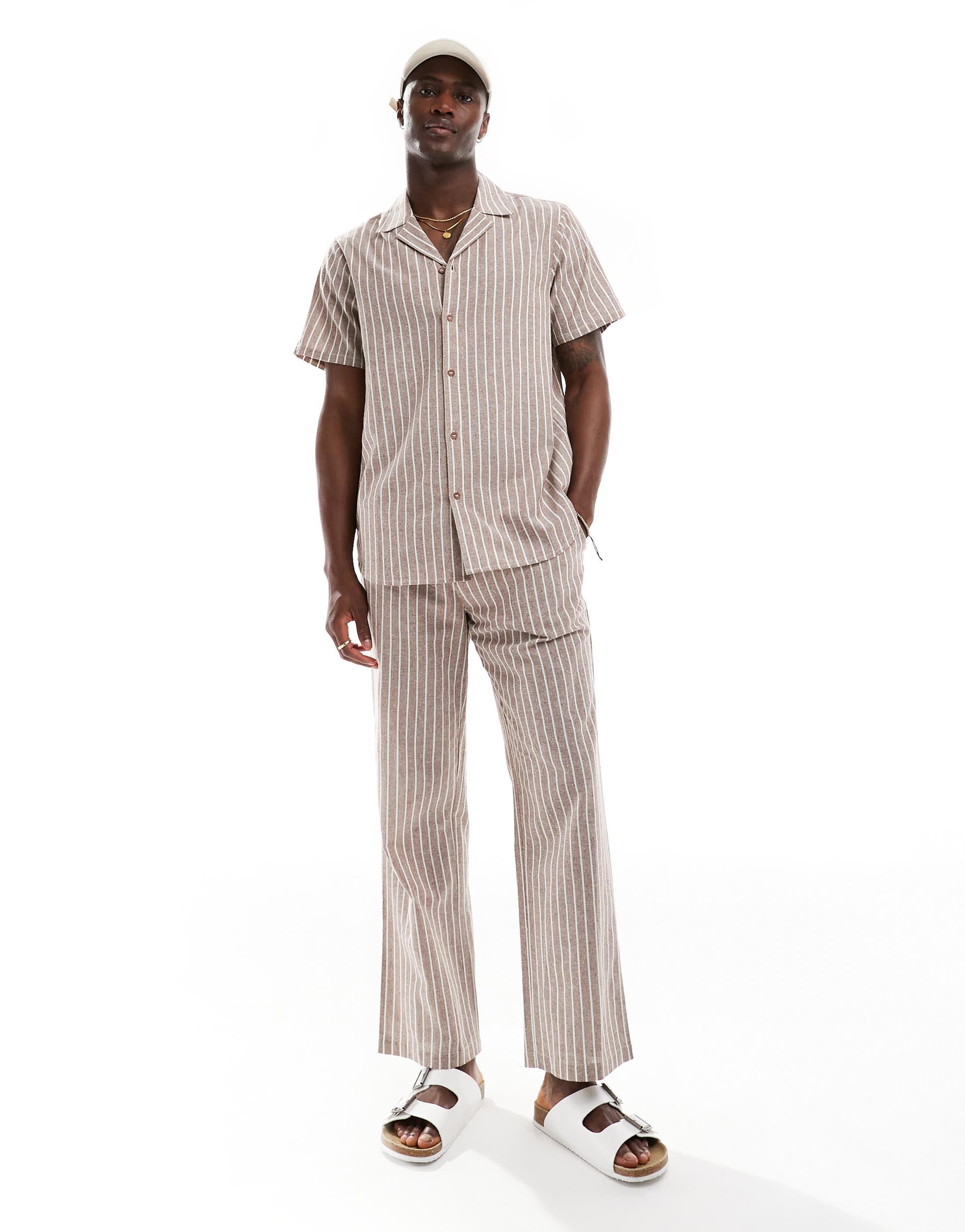 South Beach linen stripe short sleeve beach shirt in brown and white