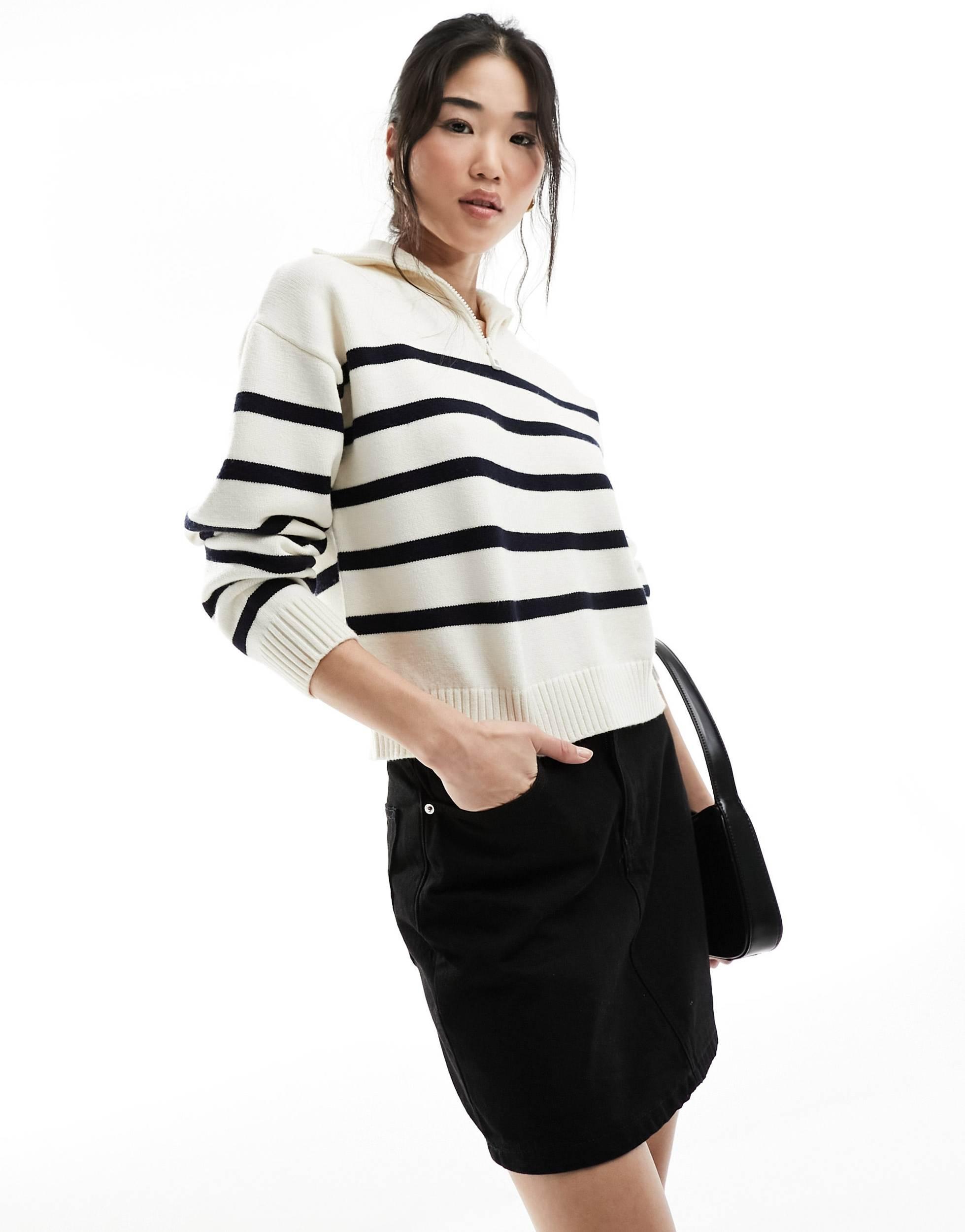 Cotton On lightweight half zip knit sweater in ecru navy stripe