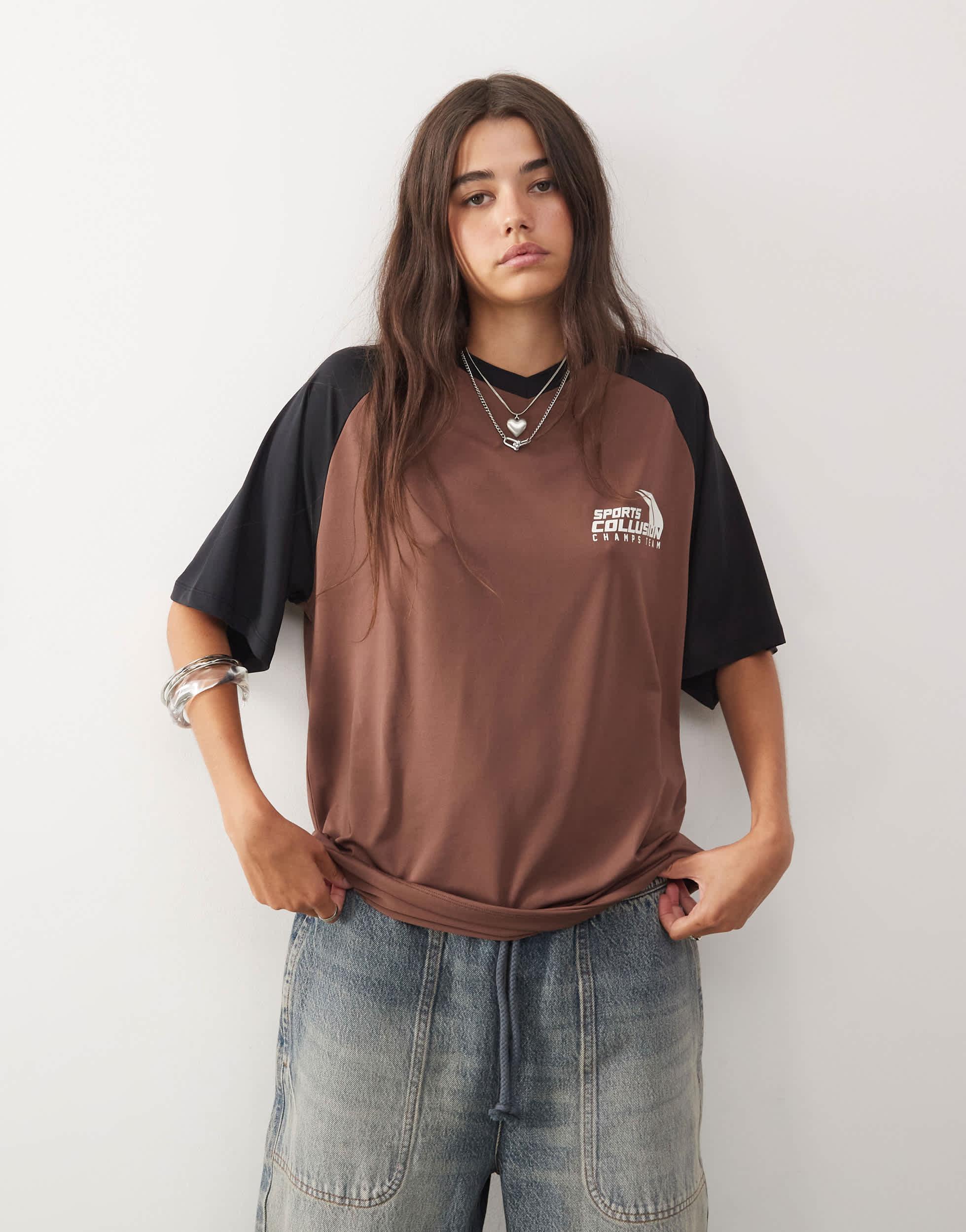 COLLUSION oversized v-neck athletic panel t-shirt in brown