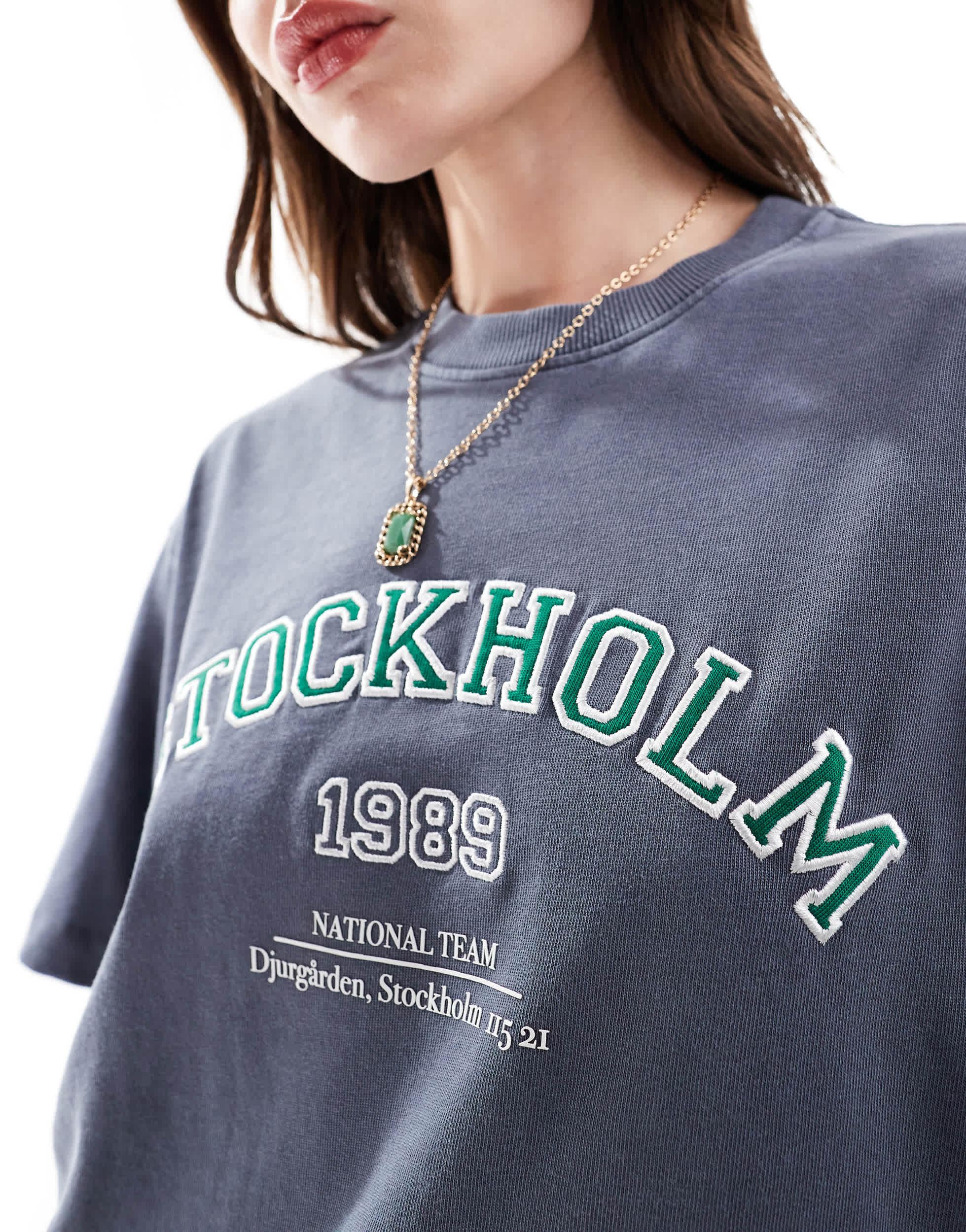 Cotton On oversized washed navy t-shirt with Stockholm print