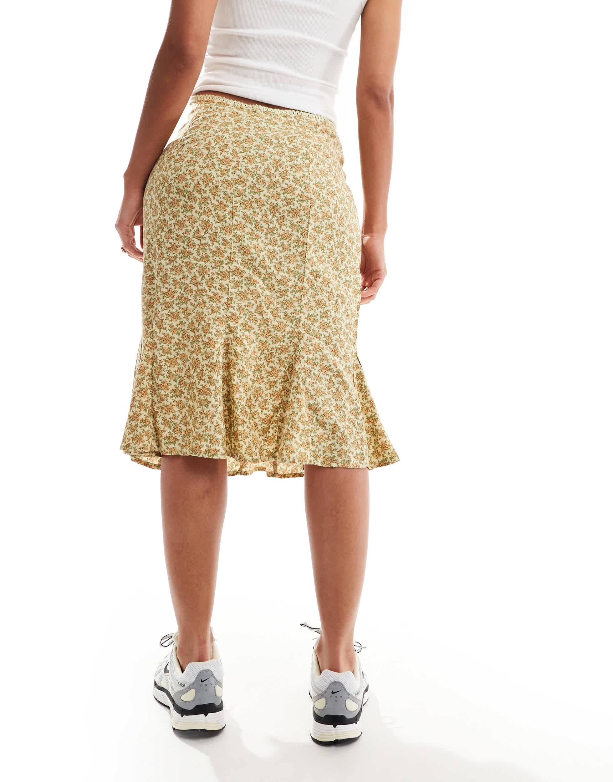 Motel Exclusive sima vintage floral knee length midi skirt in washed yellow