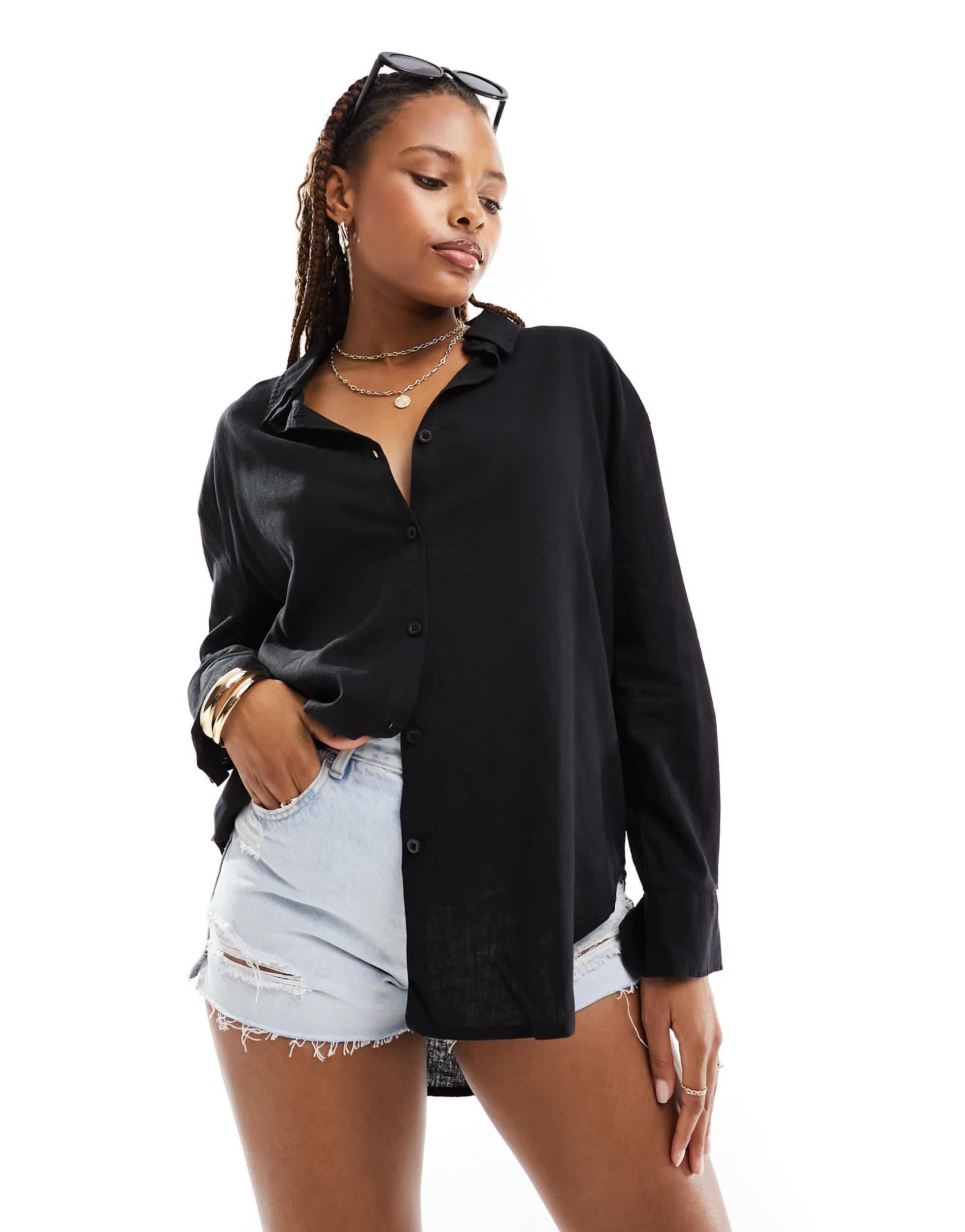 Cotton On relaxed oversized linen mix shirt in black