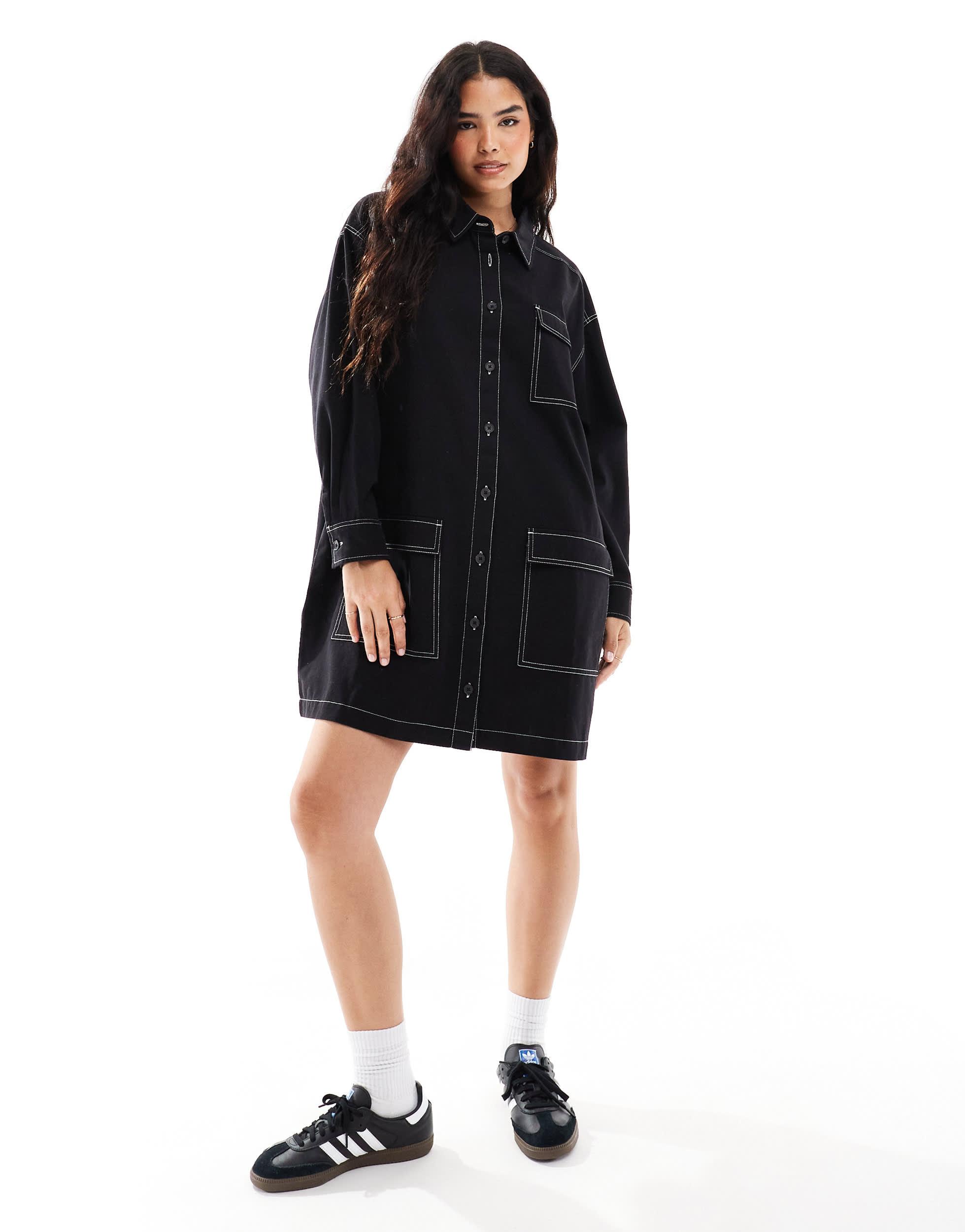 COLLUSION long sleeve twill mini shirt dress with contrast stitch detail in black