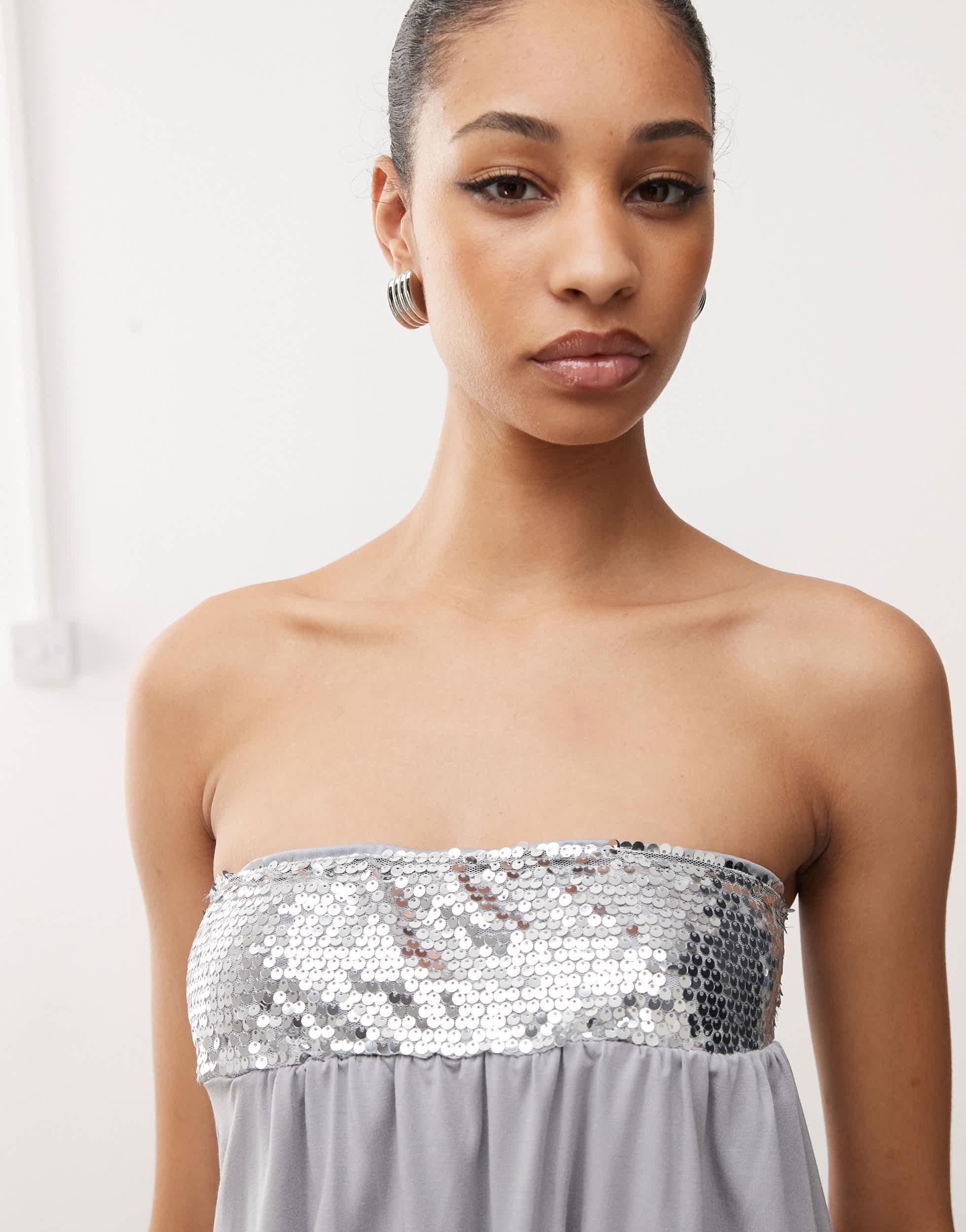 Motel danuta sequin bandeau top in silver