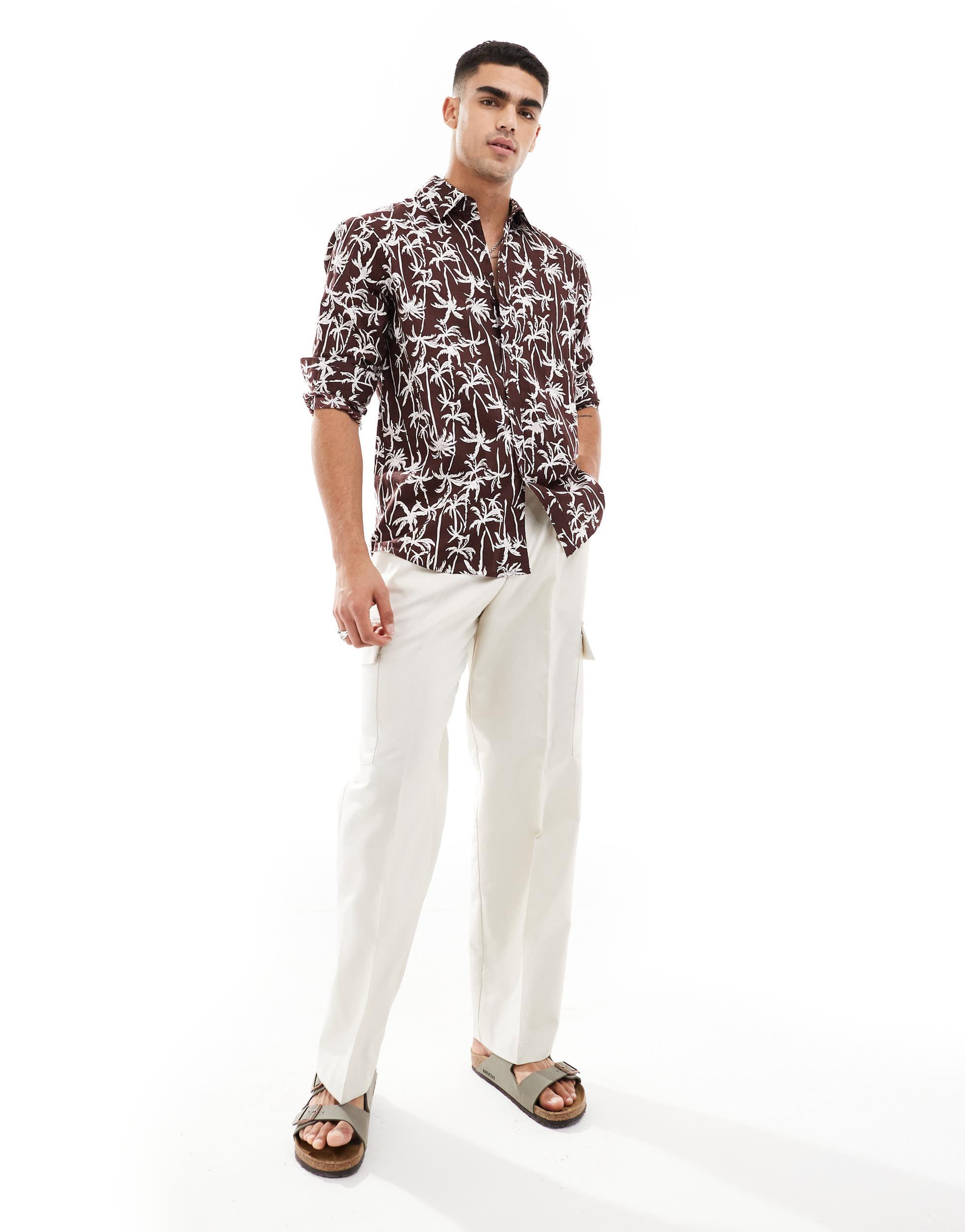 South Beach long sleeve linen look beach shirt in brown