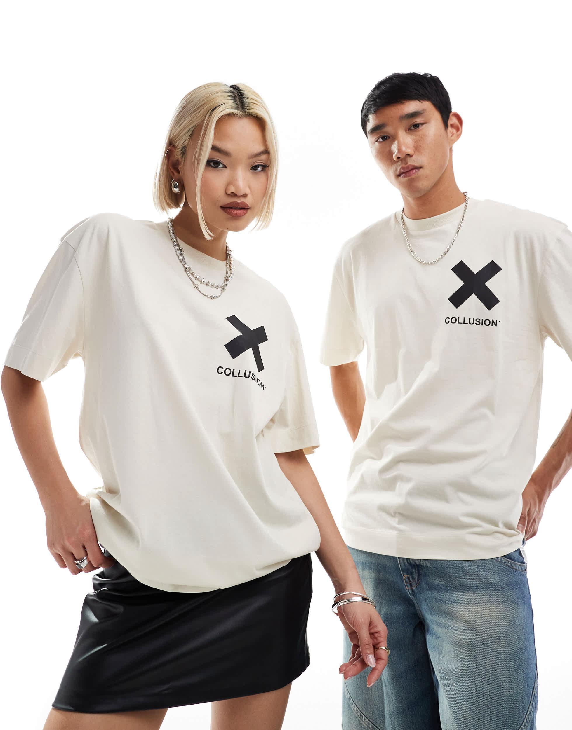 COLLUSION Unisex X logo cotton t-shirt in off-white