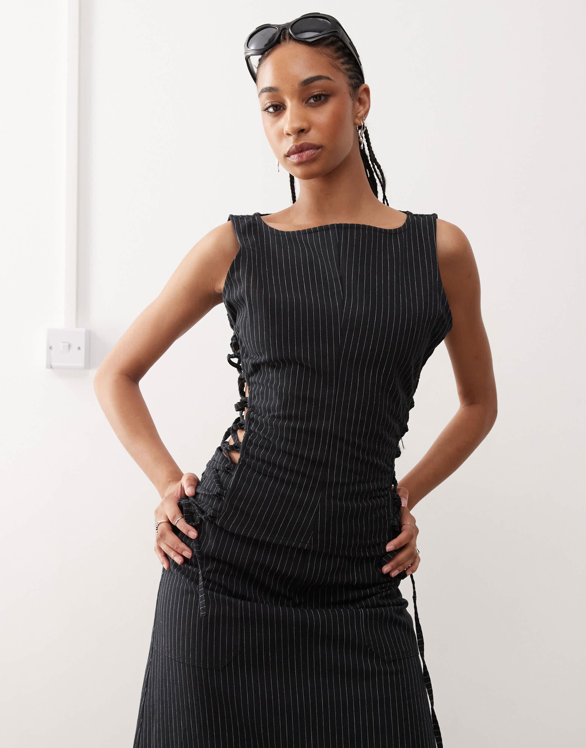 COLLUSION slash neck top with lace-up detail in black pinstripe - part of a set