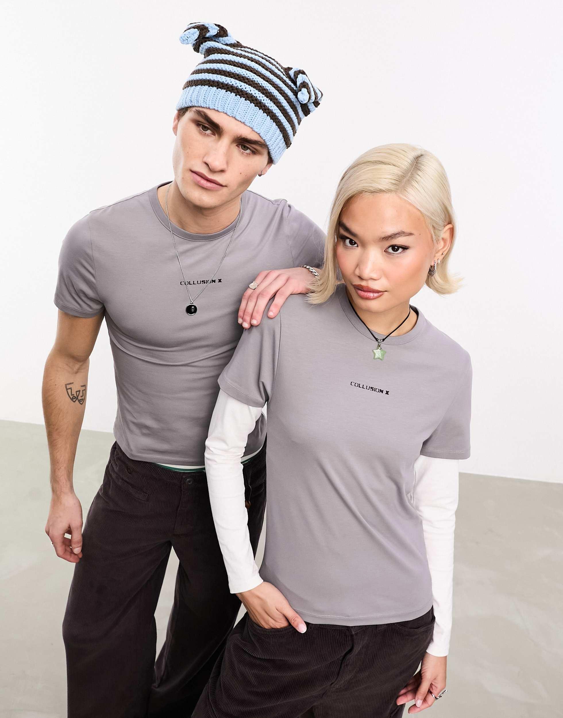 COLLUSION Unisex slim fit logo t-shirt in gray