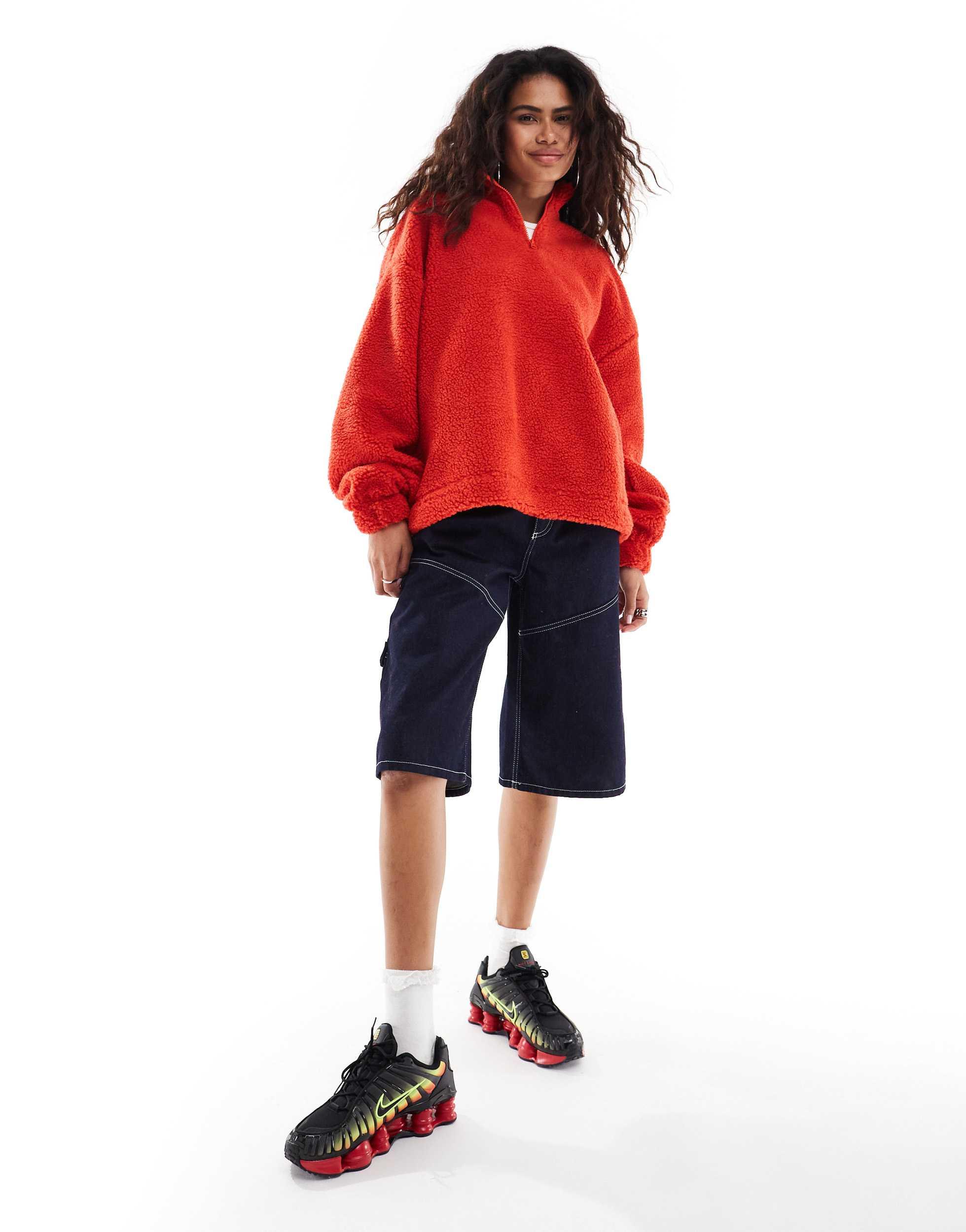 COLLUSION Borg zip funnel neck oversized sweat in red