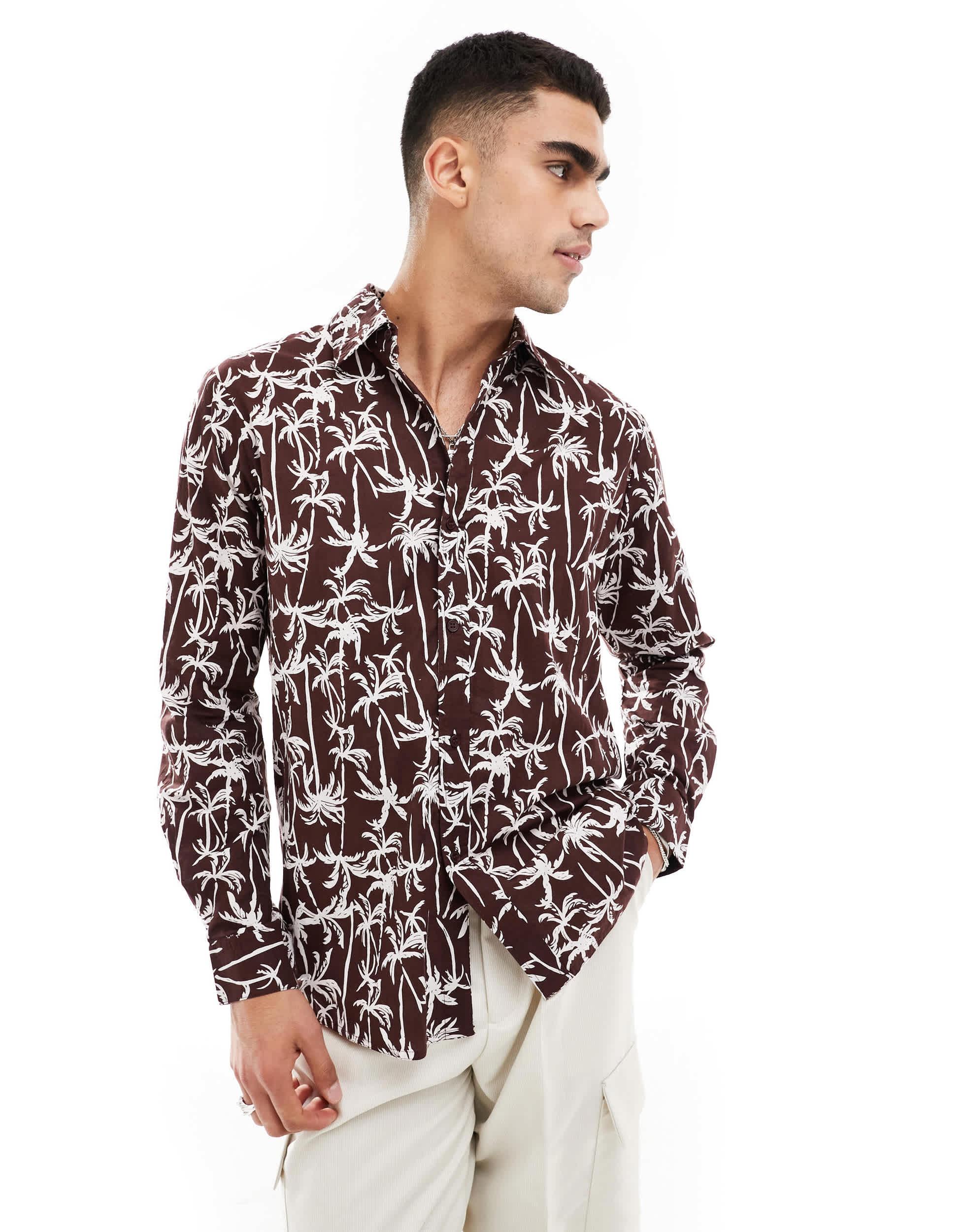 South Beach long sleeve linen look beach shirt in brown